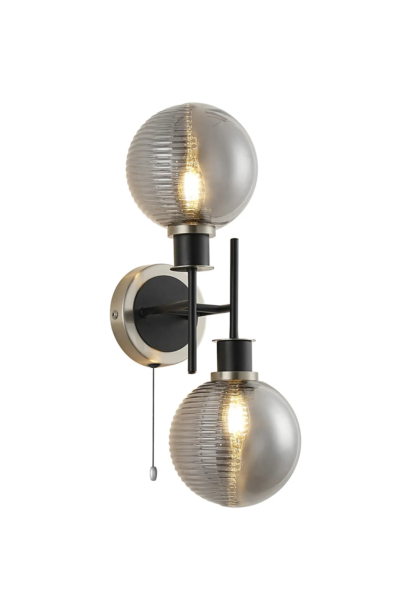 Sycamore Switched Wall Light 2 Light -IP44 with 15cm Round Double Textured Smooth & Ribbed Shade - Satin Nickel, Smoke Plated & Satin Black