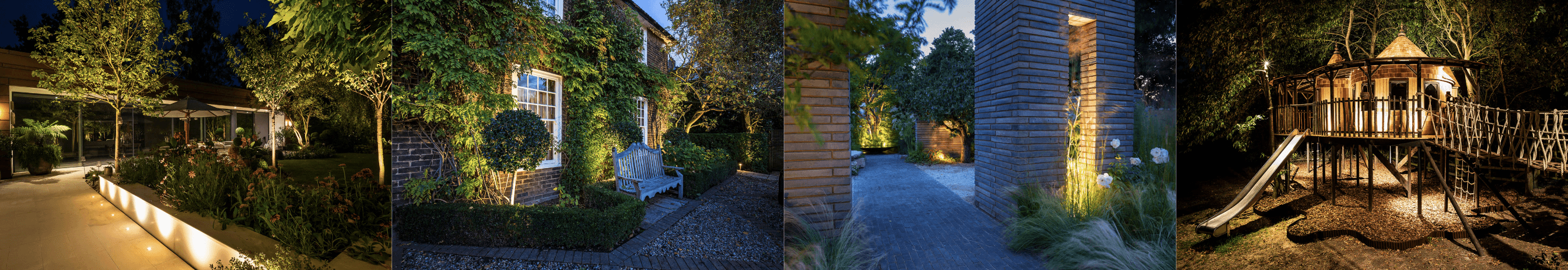 Collage of a garden at night with lighting and structures.