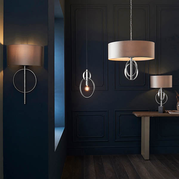 Utopia Interlink 5 Light Pendant - Antique Silver Leaf With Mink Shade - 70cm Diameter