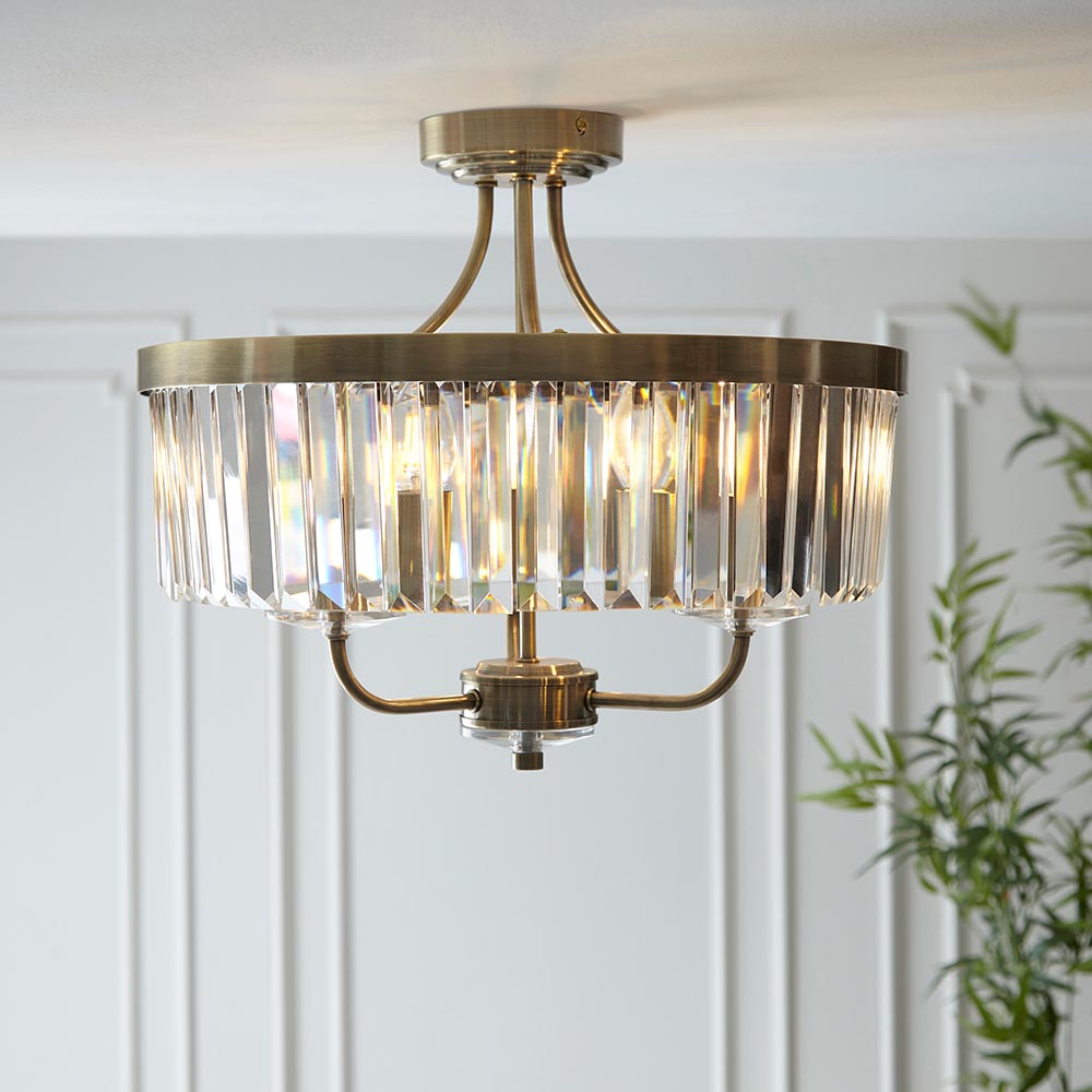 Utopia Martini 3 Light Semi Flush Fitting - Antique Brass & Clear Cut Glass