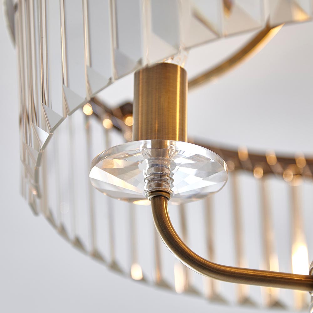 Utopia Martini 3 Light Semi Flush Fitting - Antique Brass & Clear Cut Glass