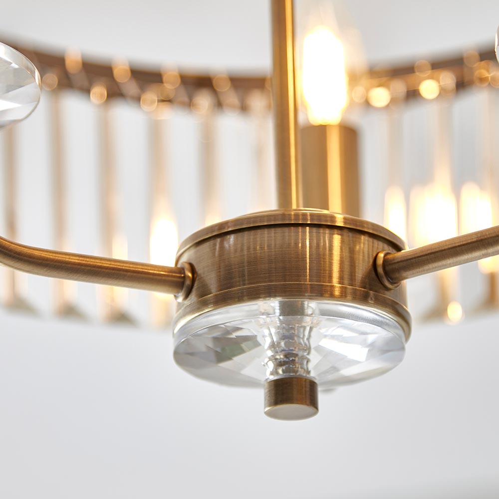 Utopia Martini 3 Light Semi Flush Fitting - Antique Brass & Clear Cut Glass