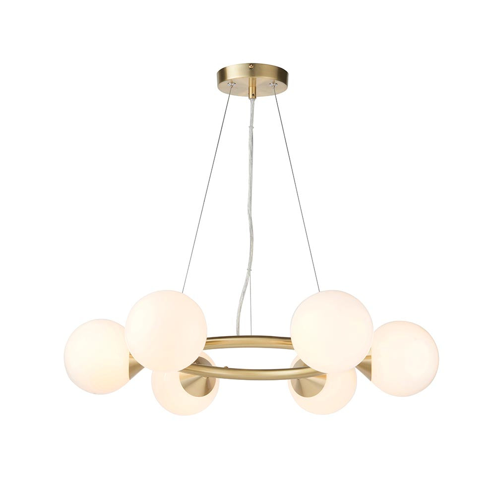 Utopia Lustre 6 Light Ring Pendant - Satin Brass Plate & Gloss White Glass