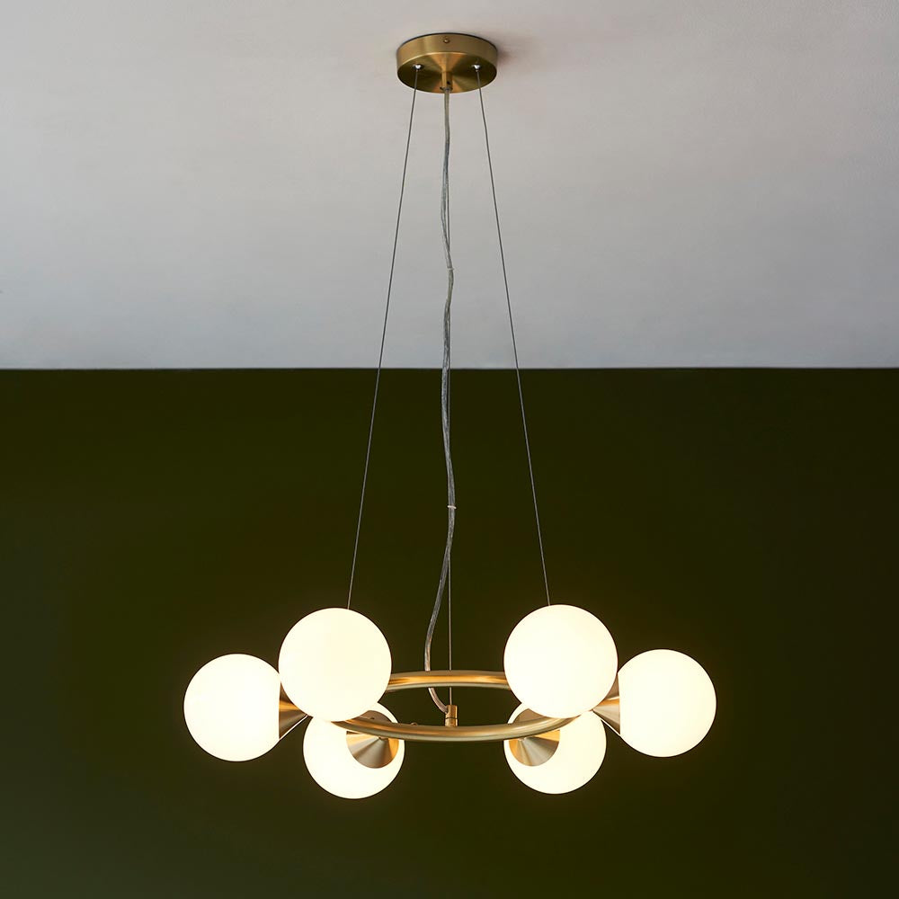Utopia Lustre 6 Light Ring Pendant - Satin Brass Plate & Gloss White Glass