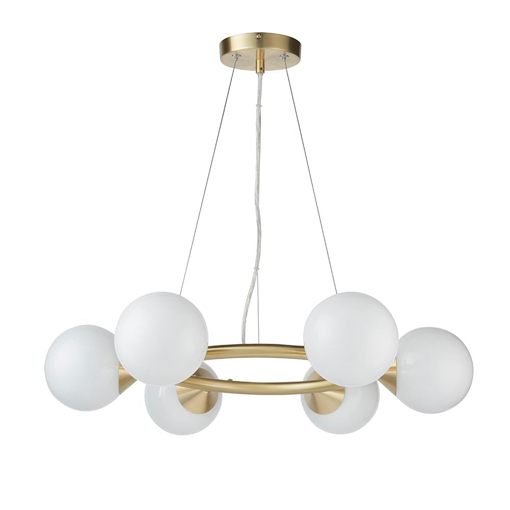 Utopia Lustre 6 Light Ring Pendant - Satin Brass Plate & Gloss White Glass