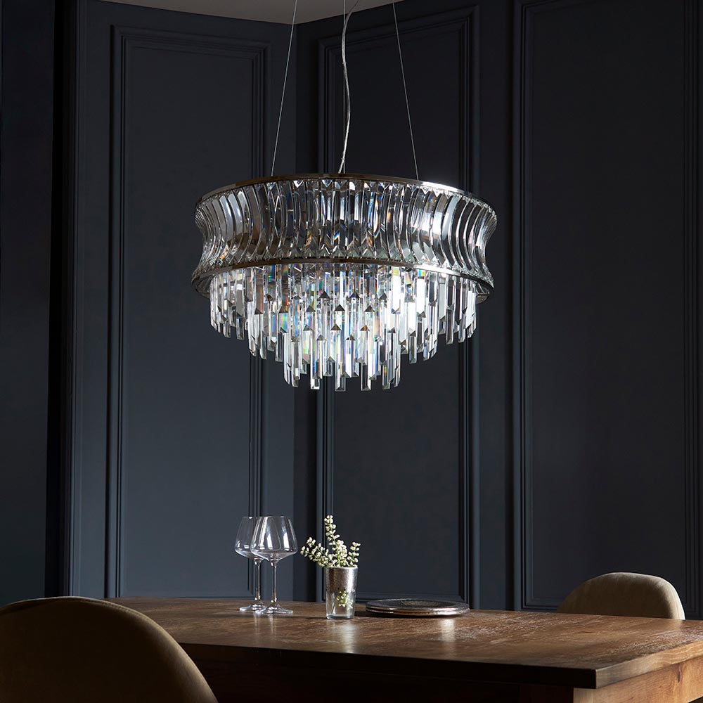 Utopia Bow 9 Light Pendant - Bright Nickel Plate with Crystal & Clear Glass