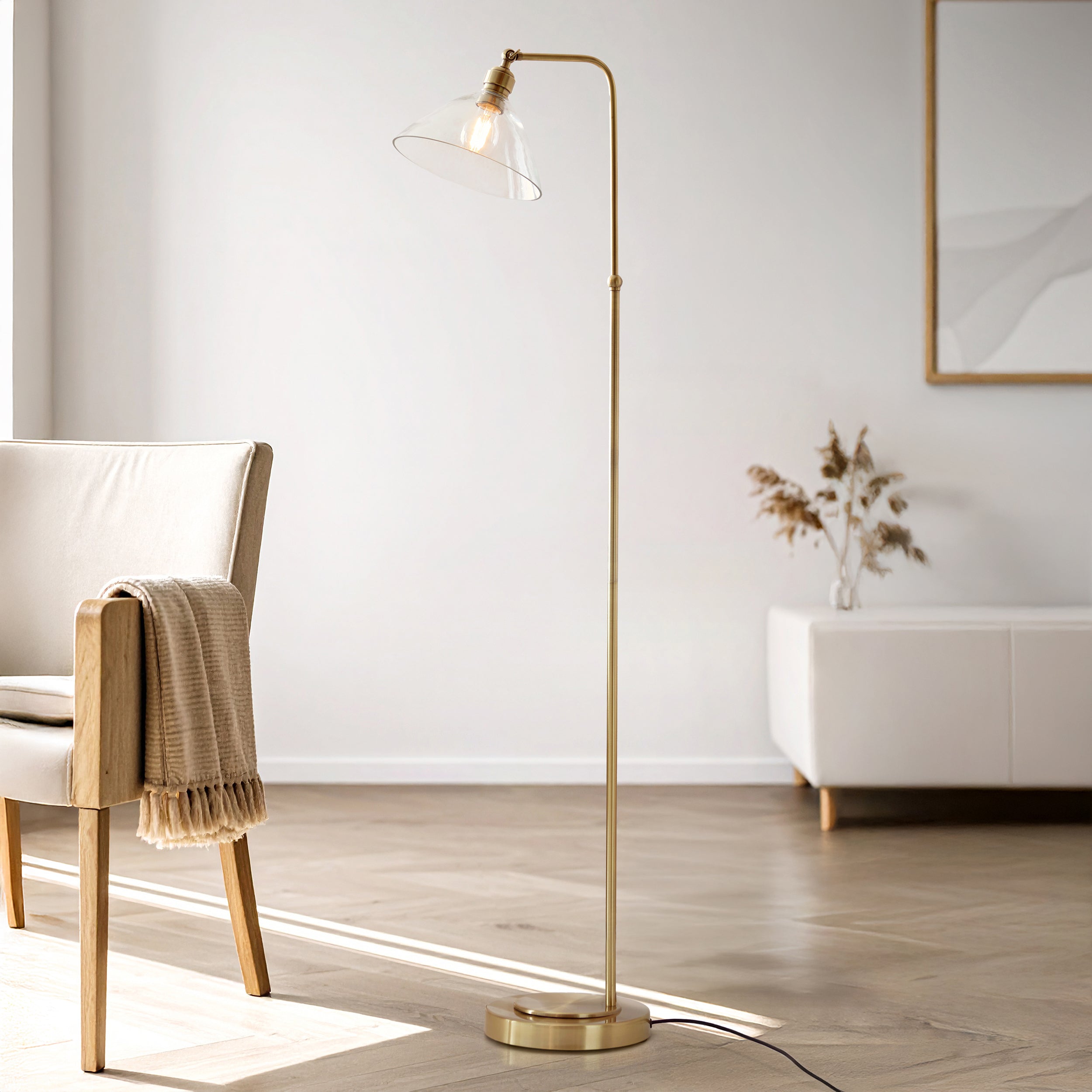Utopia Diner Single Floor Lamp - Antique Brass & Clear Glass