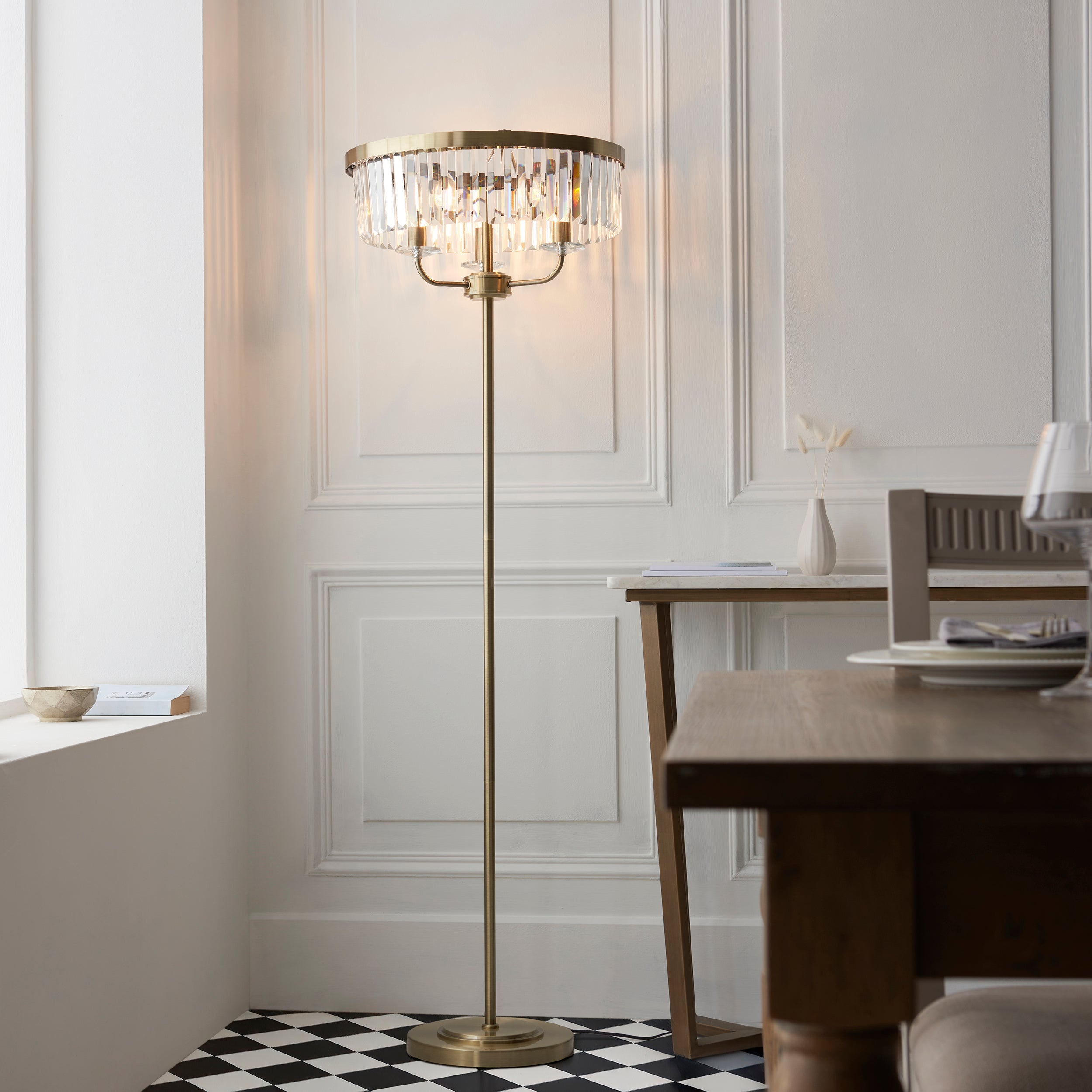 Utopia Martini 3 Light Floor Lamp - Antique Brass & Clear Cut Glass