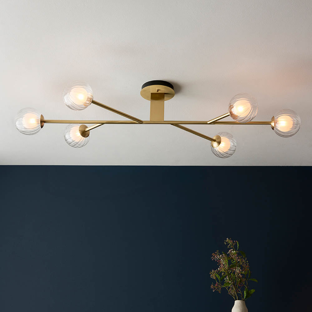 Utopia Matrix Round 6 Light Ceiling Semi Flush - Satin Brass & Glass