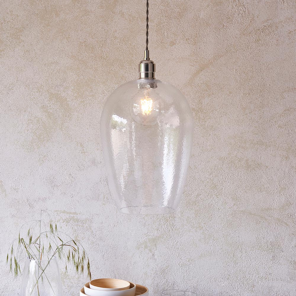 Utopia Finesse Medium Single Pendant - Bright Nickel Plate & Clear Hammered Glass
