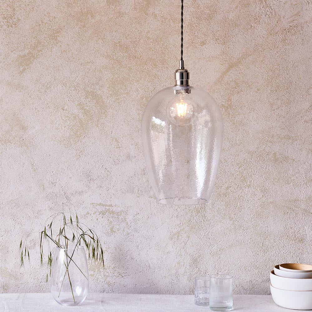 Utopia Finesse Medium Single Pendant - Bright Nickel Plate & Clear Hammered Glass