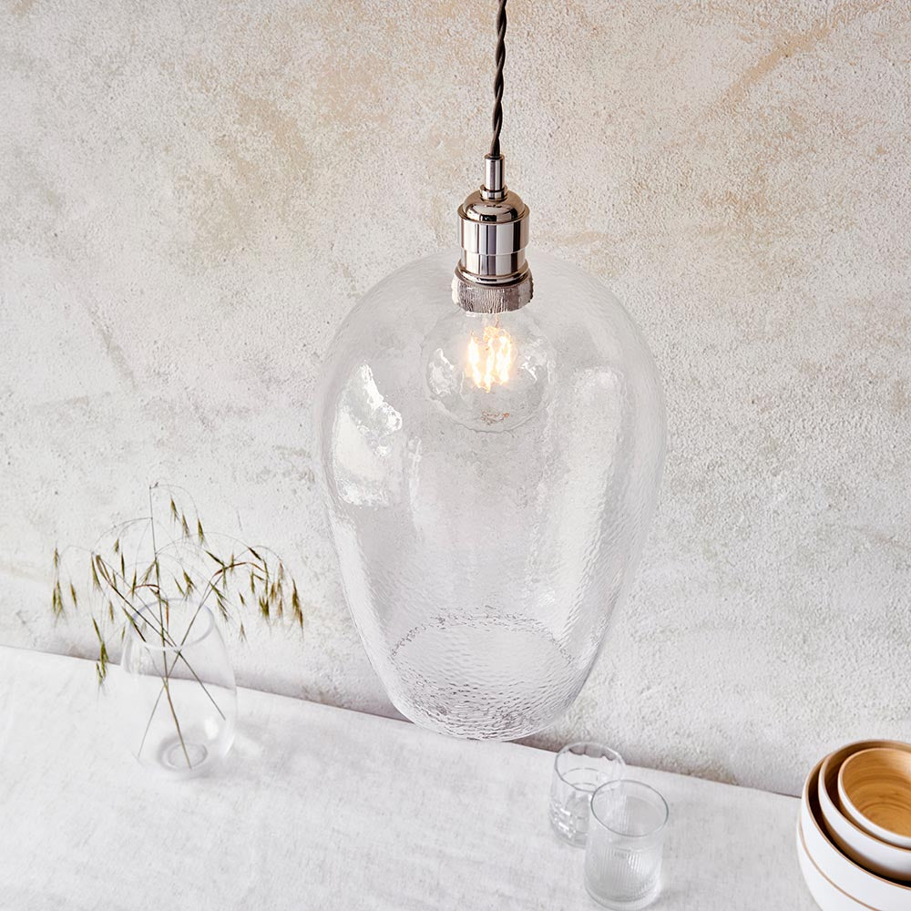Utopia Finesse Medium Single Pendant - Bright Nickel Plate & Clear Hammered Glass