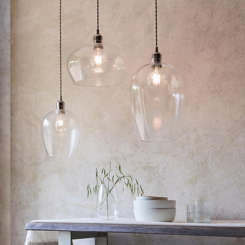 Utopia Finesse Medium Single Pendant - Bright Nickel Plate & Clear Hammered Glass