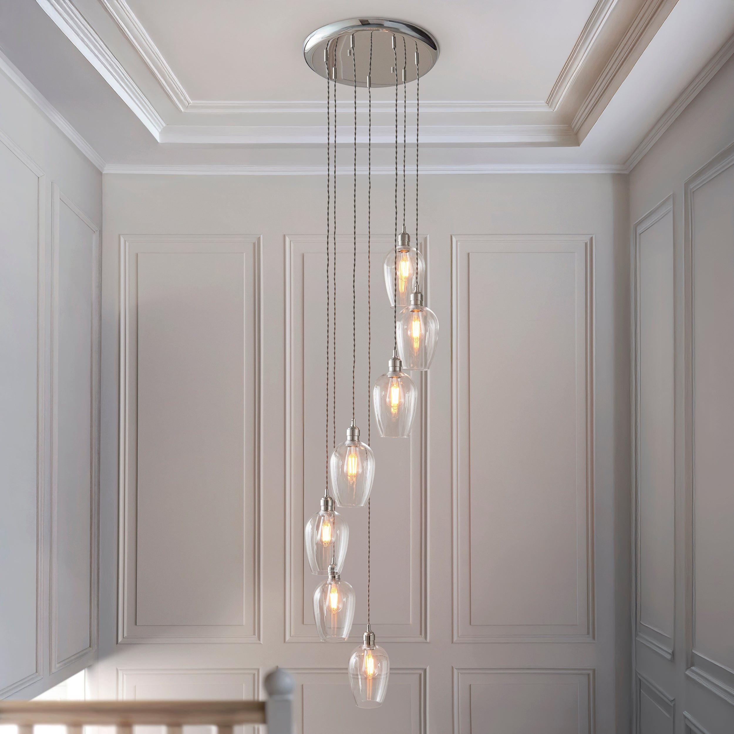 Utopia Finesse 7  Light Cascade Ceiling Pendant - Bright Nickel & Clear Glass