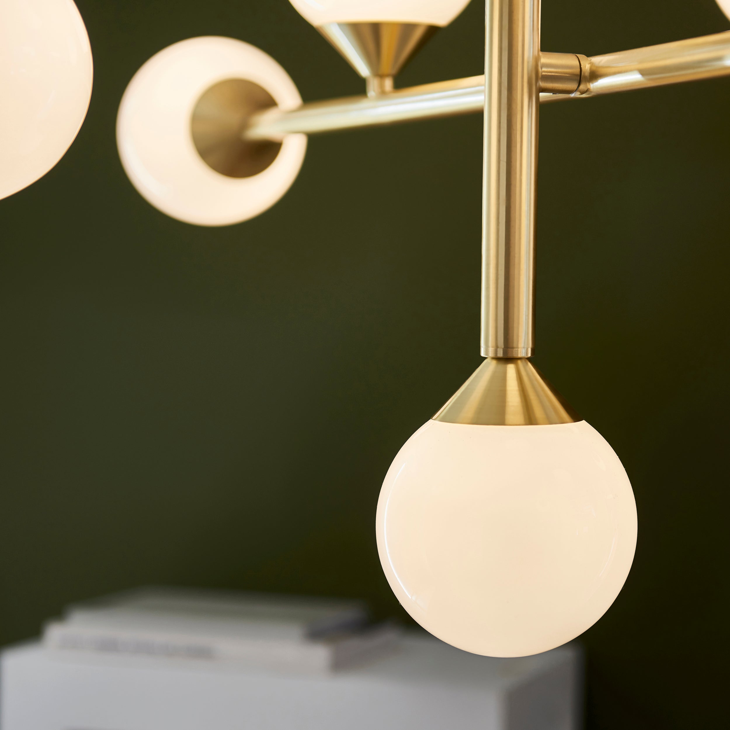 Utopia Lunar 10 Light Pendant - Satin Brushed Gold & Gloss White Glass