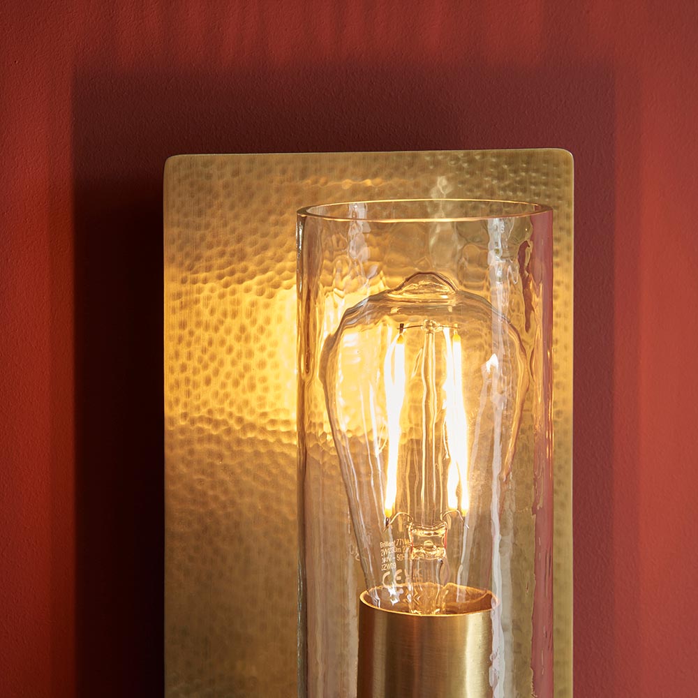 Utopia Swirl Single Wall Light - Hammered Brass Plate & Textured Clear Glass