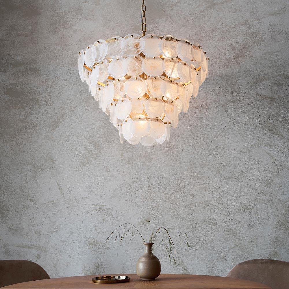 Utopia Scale 9 Light Pendant Chandelier - Antique Gold Paint with White & Clear Glass