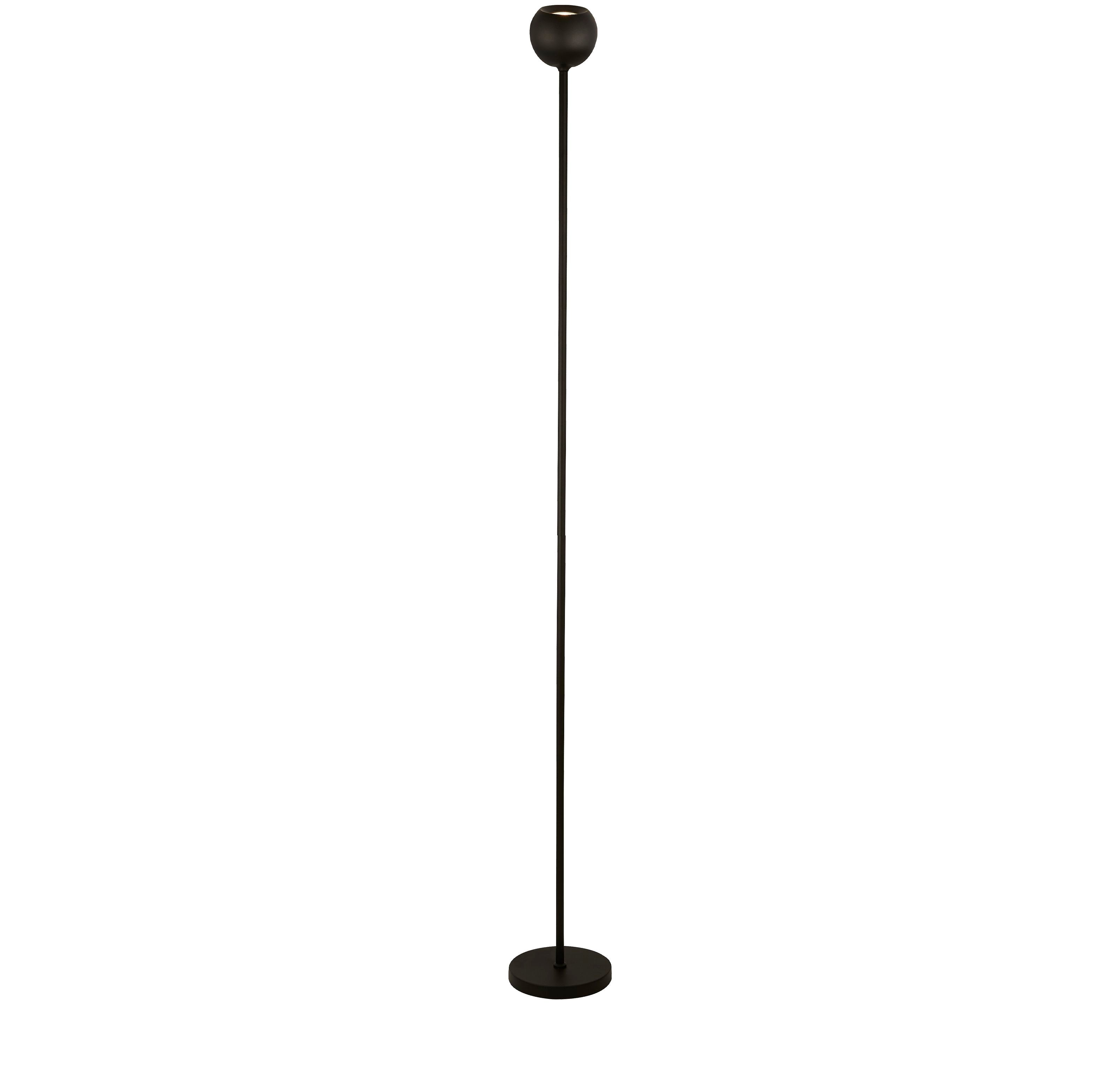 Searchlight Eindhoven Floor Lamp in sand black, full length front view on a plain white background showing the slim pole and round shade
