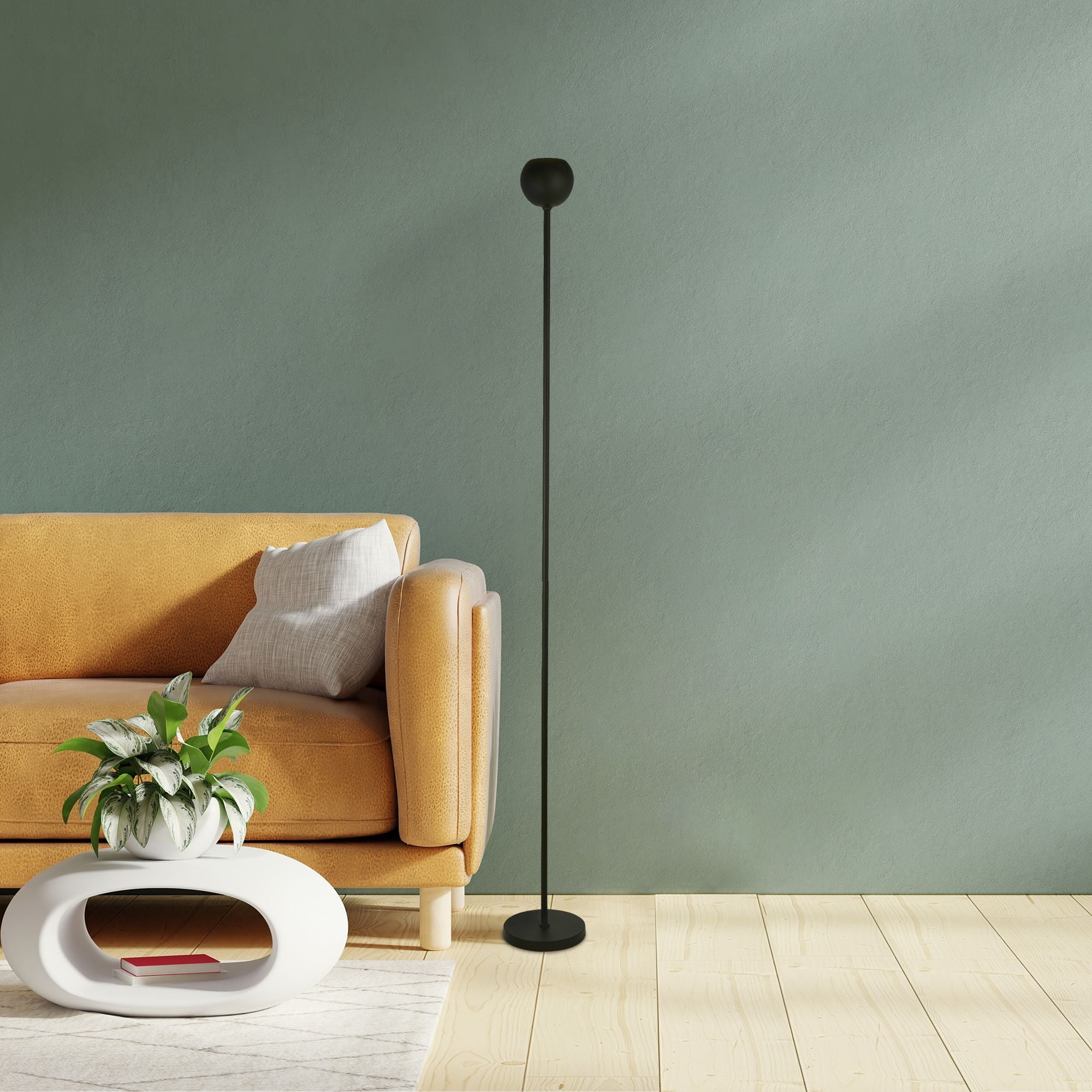 Searchlight Eindhoven Floor Lamp in sand black standing beside a mustard sofa and white coffee table in a living room