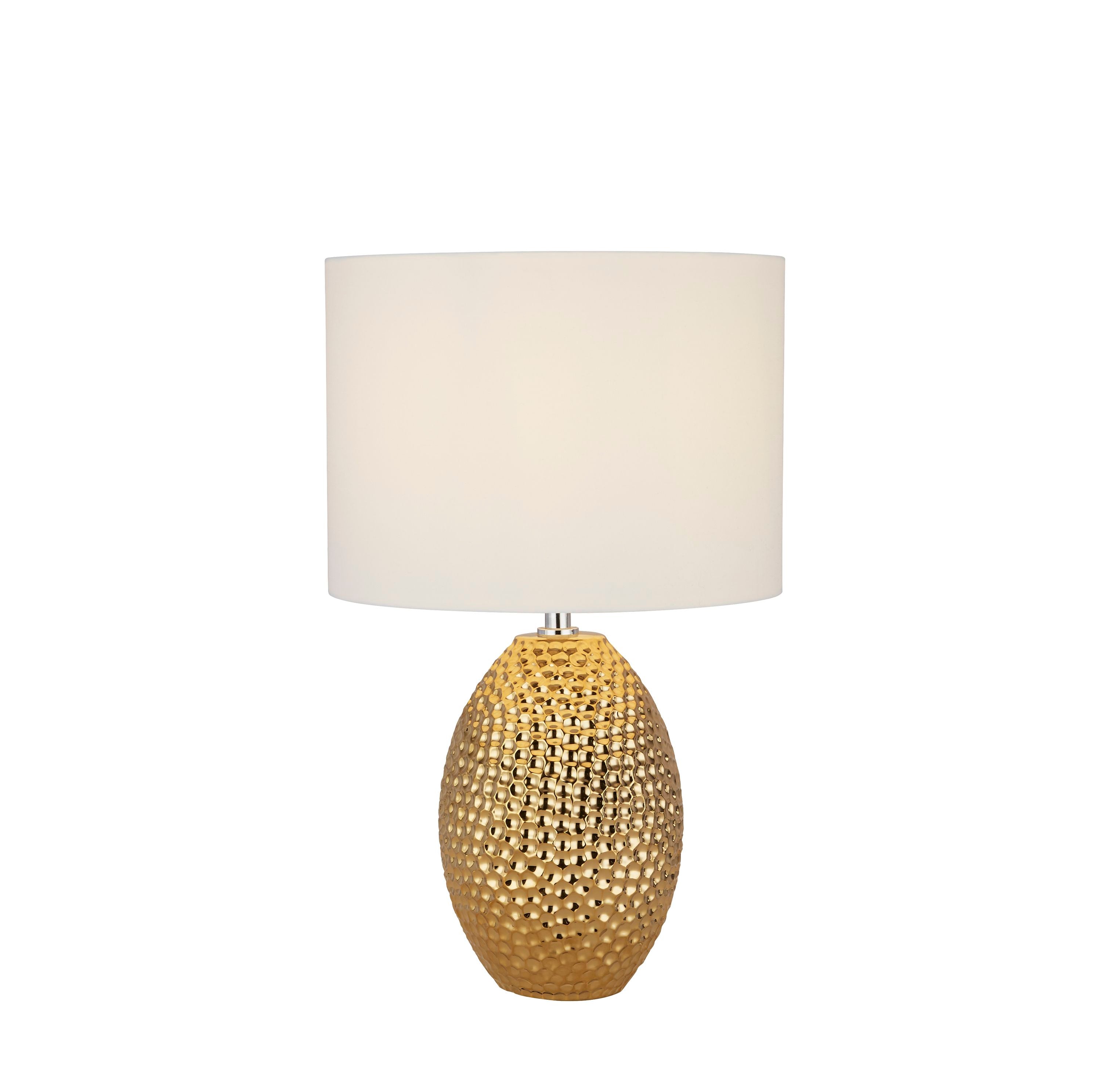Searchlight Nadine table lamp with dimpled gold ceramic style base and cream fabric shade, studio shot on a white background