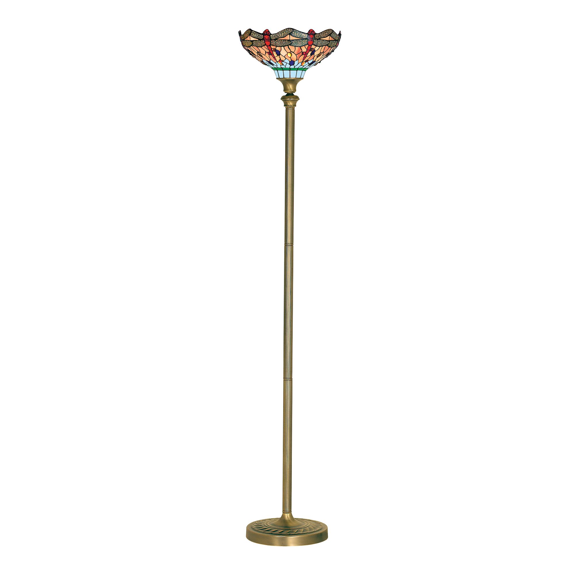 Searchlight Dragonfly floor lamp in antique brass with a Tiffany style stained glass shade, upward facing torchiere design on a plain white background