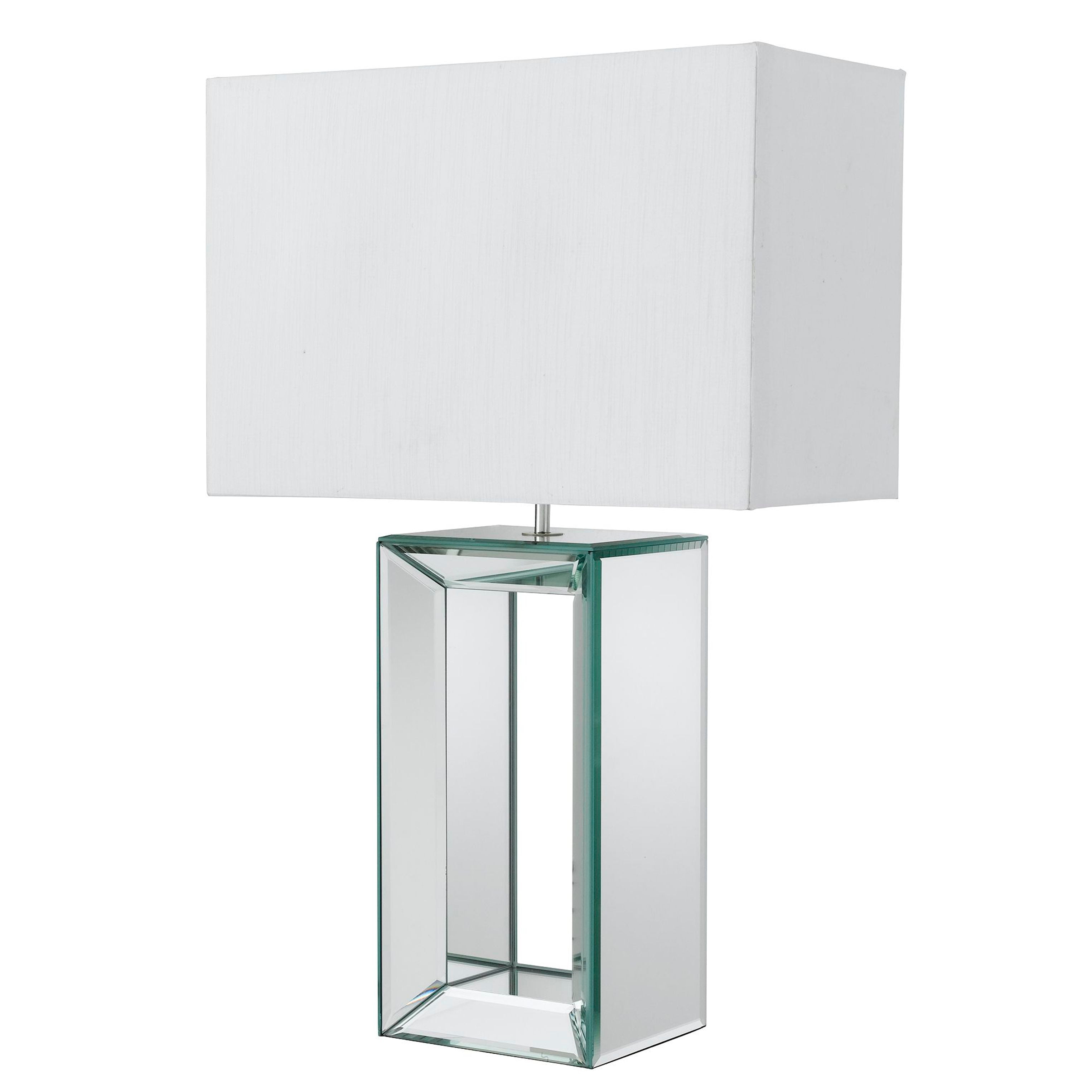 Searchlight mirror table lamp with hollow mirrored glass base and rectangular white faux silk shade, front view on white background