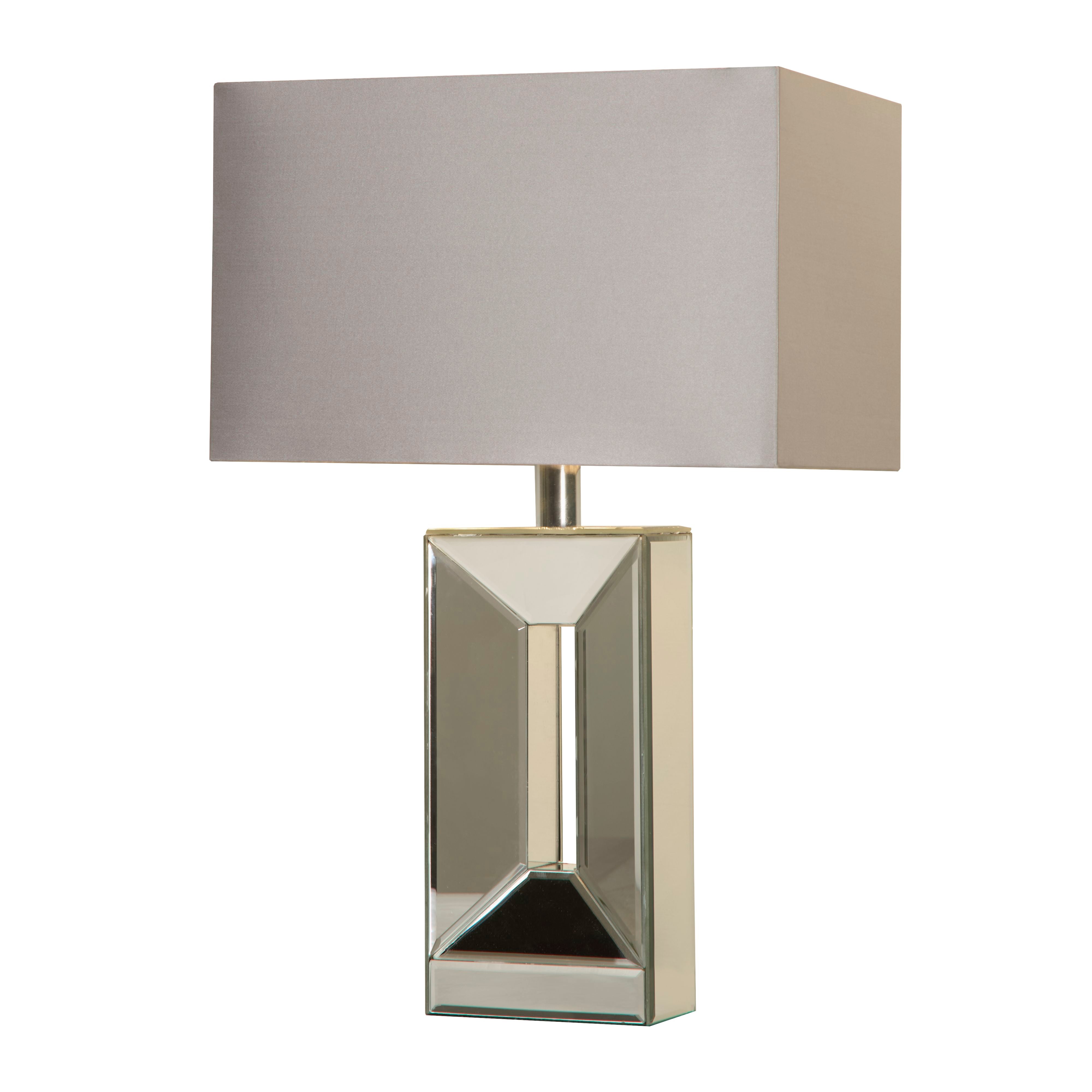 Searchlight Megan table lamp with geometric mirrored base and grey rectangular faux silk shade, front view on white background