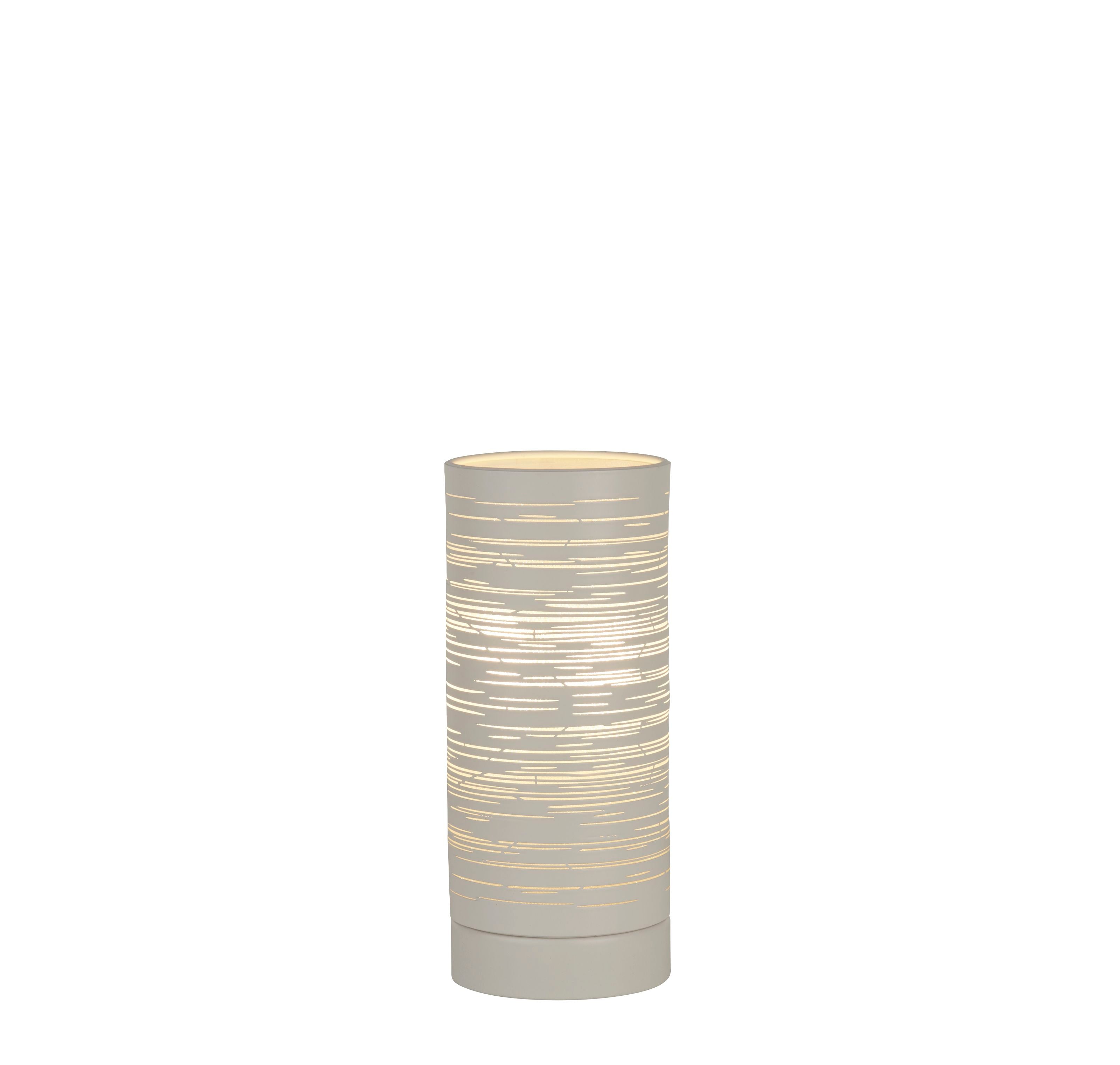 Searchlight Savvy table lamp in white with a scratched, etched texture, switched on and glowing, studio shot