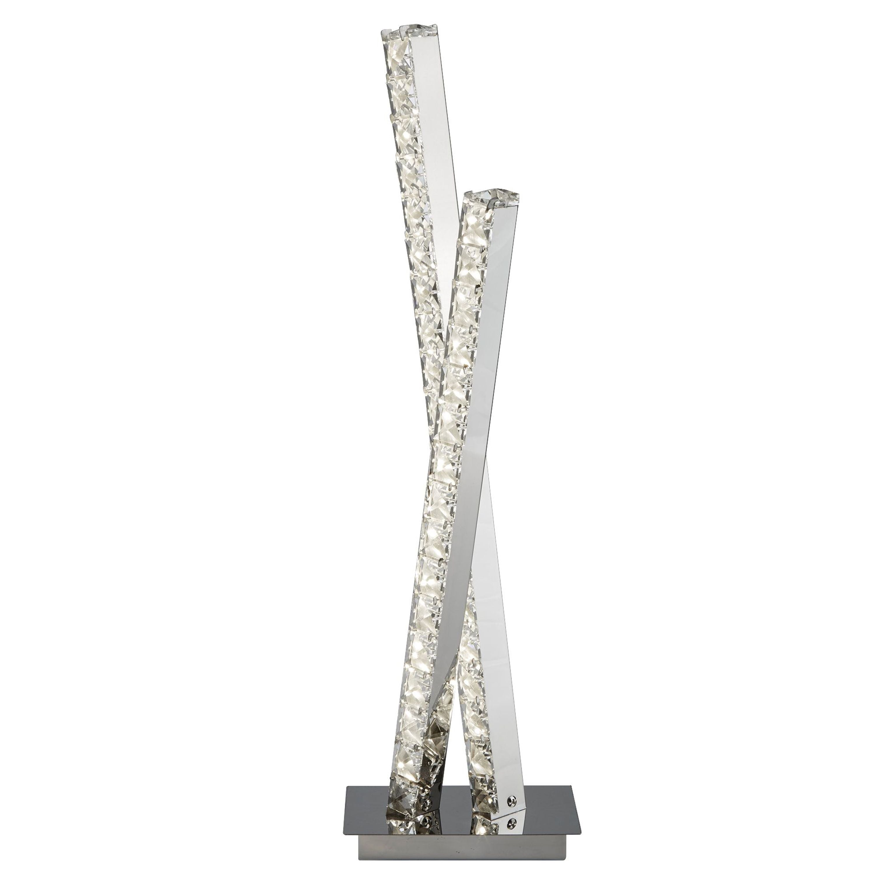 Searchlight Clover table lamp in chrome and clear crystal, two crossed light strips lit, on a white background