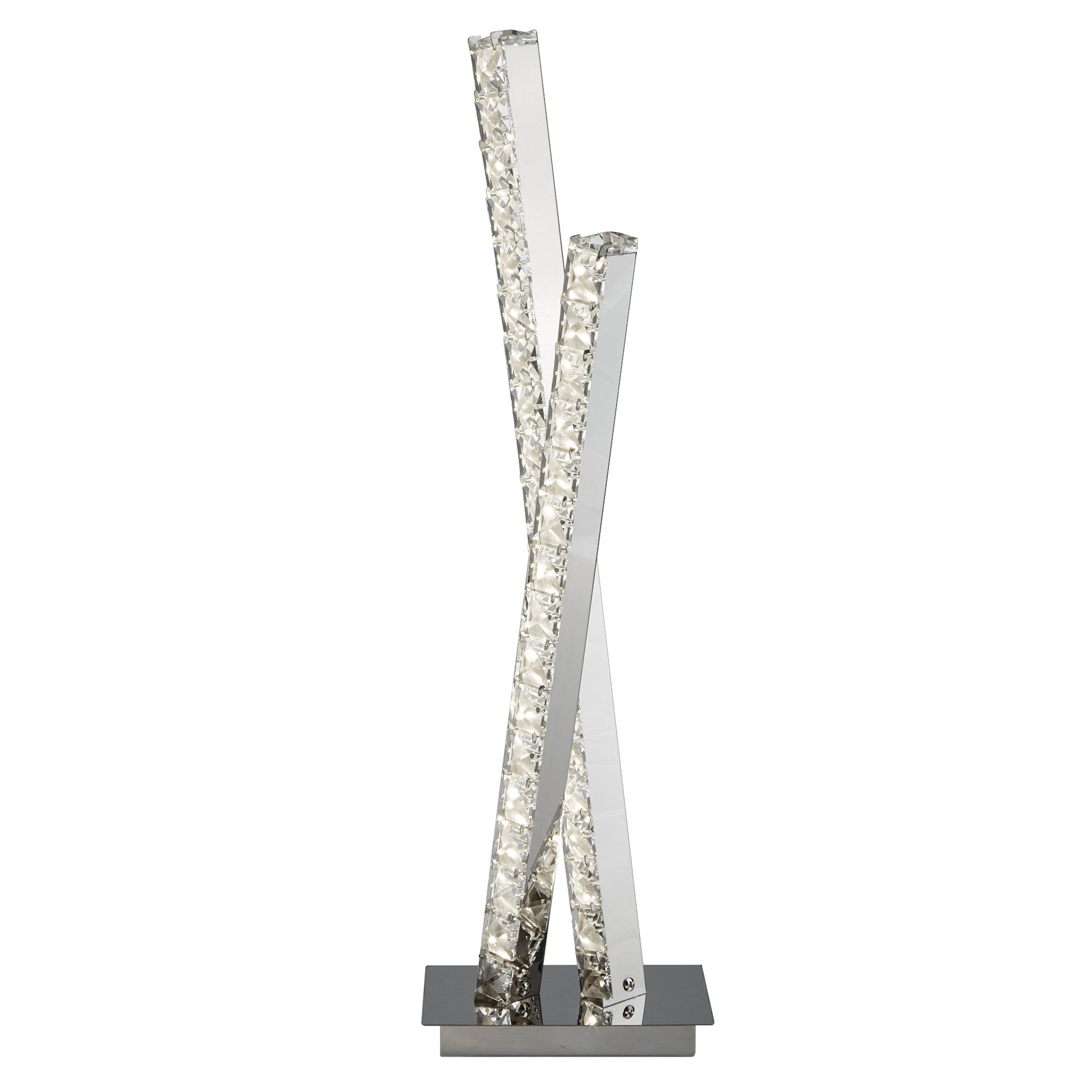 Searchlight Clover table lamp in chrome and clear crystal, two crossed light strips lit, on a white background - view 2