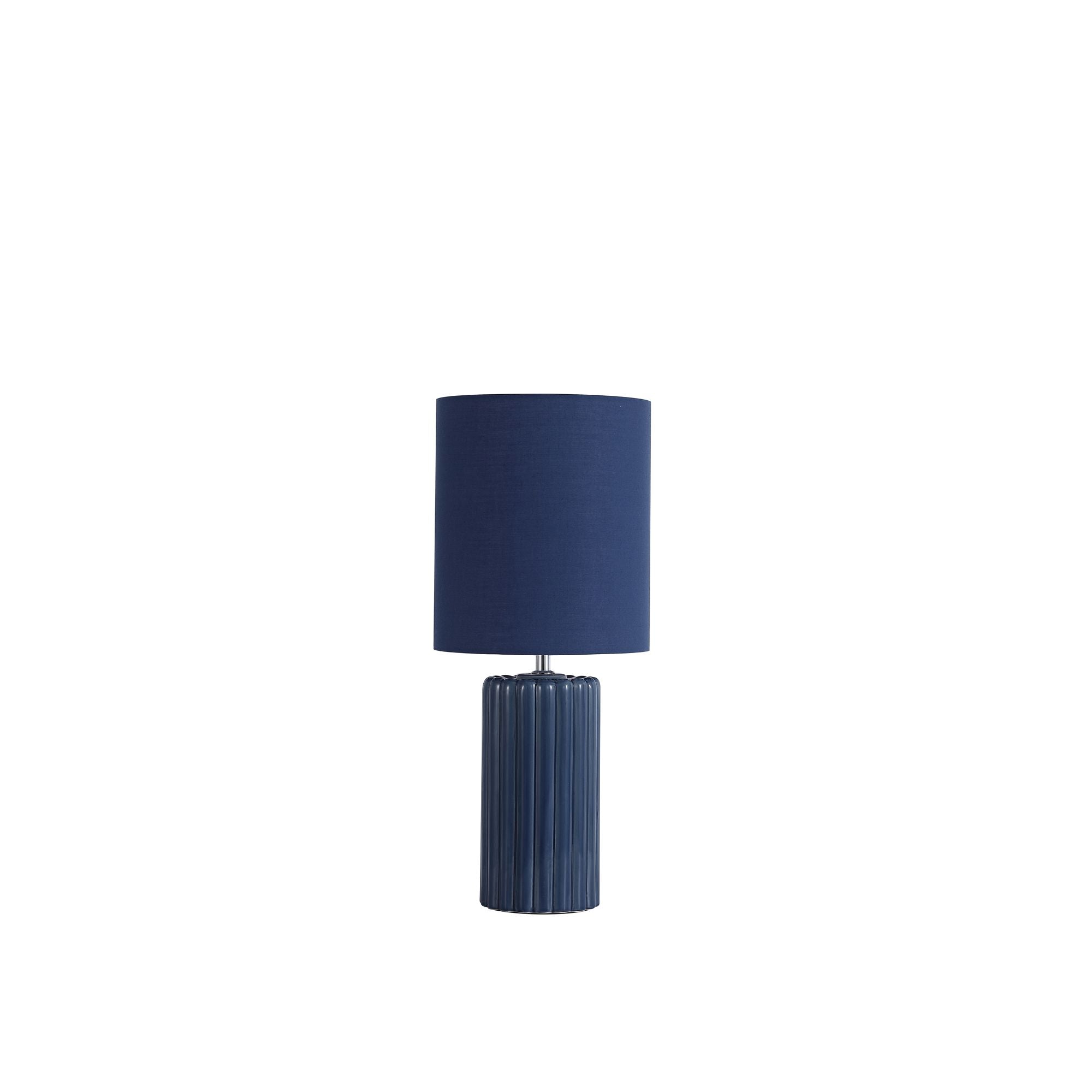 Searchlight Groove navy blue table lamp on a plain white background, shade unlit, showing the fluted ceramic base