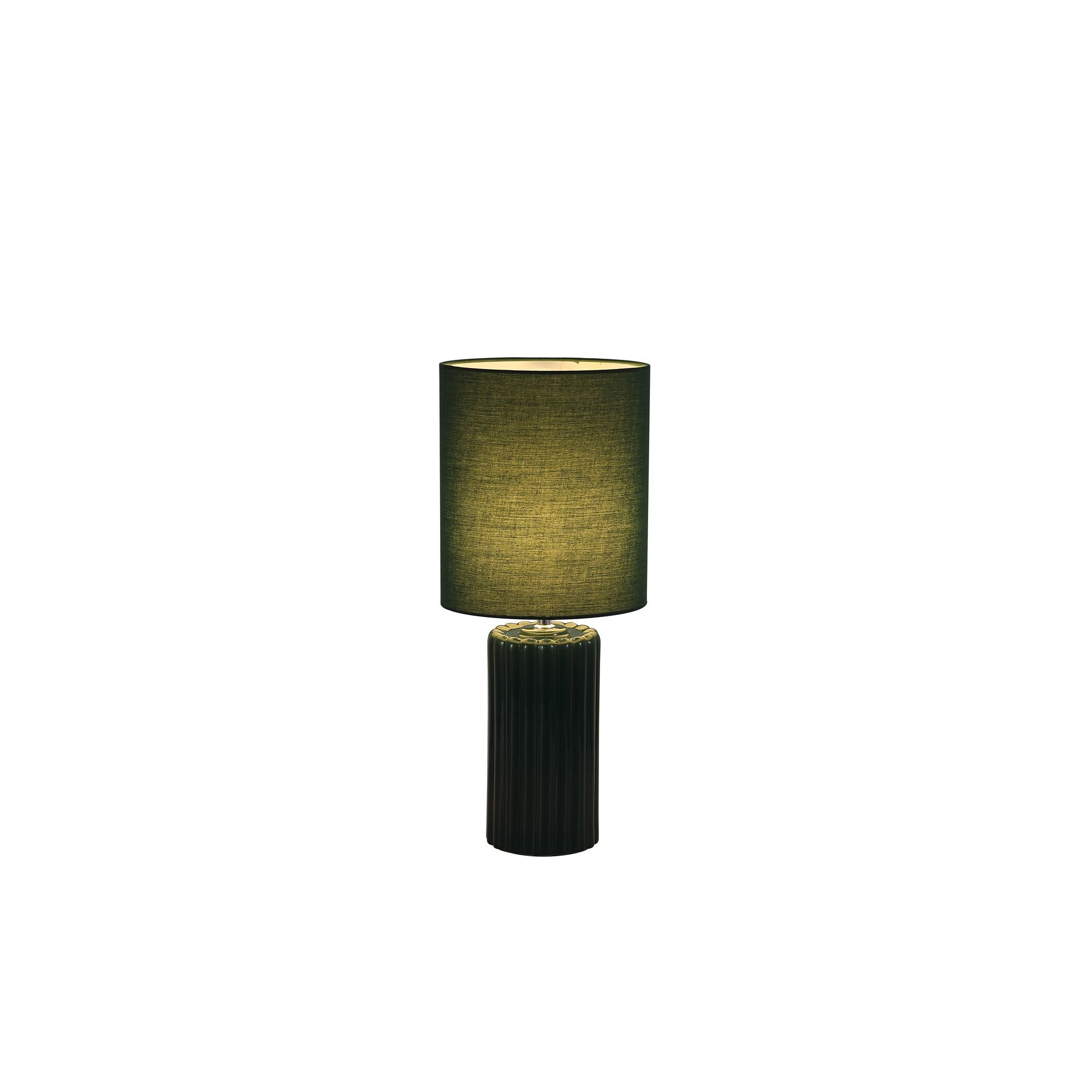 Searchlight Groove table lamp in olive green, ribbed ceramic base with matching olive green fabric drum shade, studio shot with the lamp lit