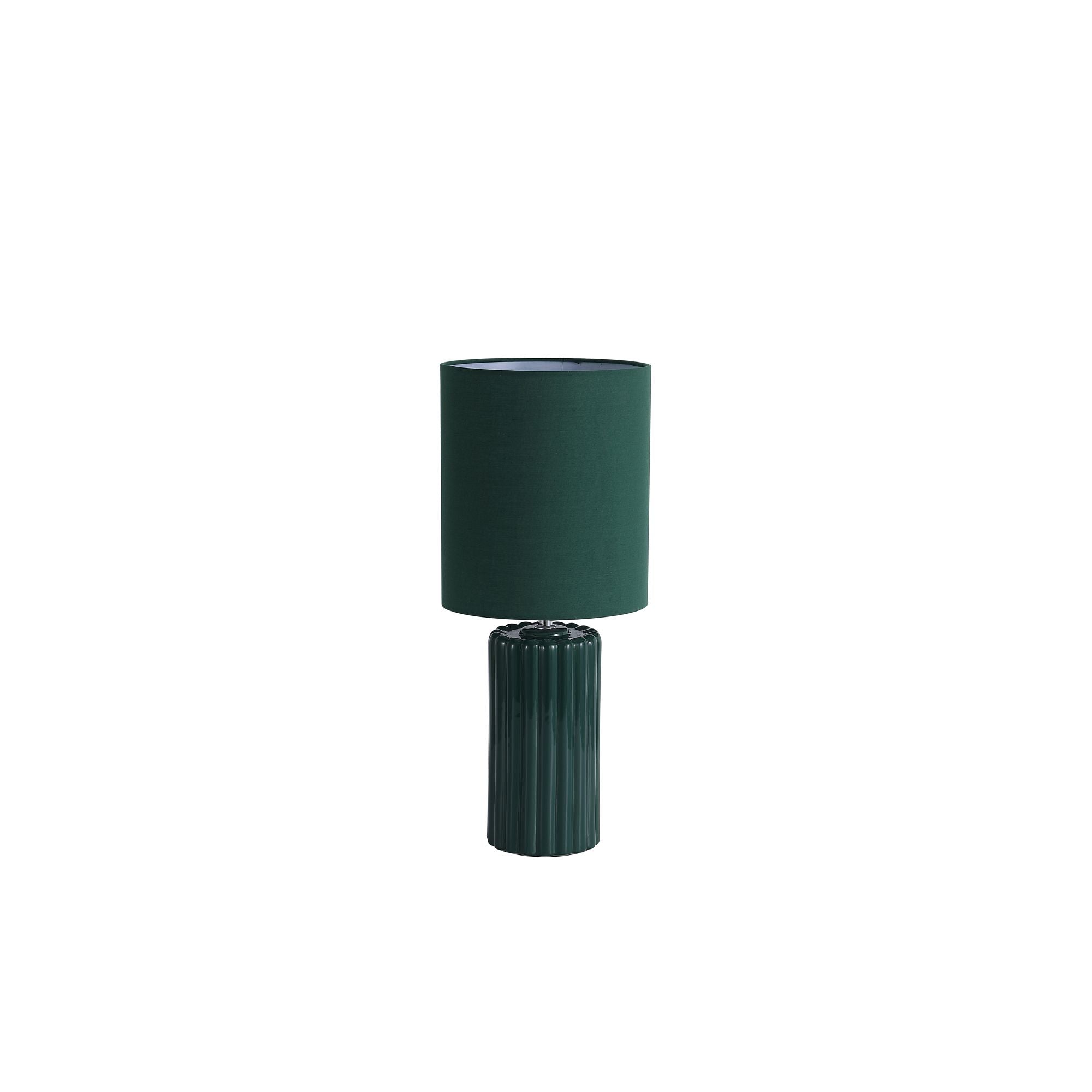 Searchlight Groove olive green table lamp on a plain white background, shade unlit, showing the fluted ceramic base