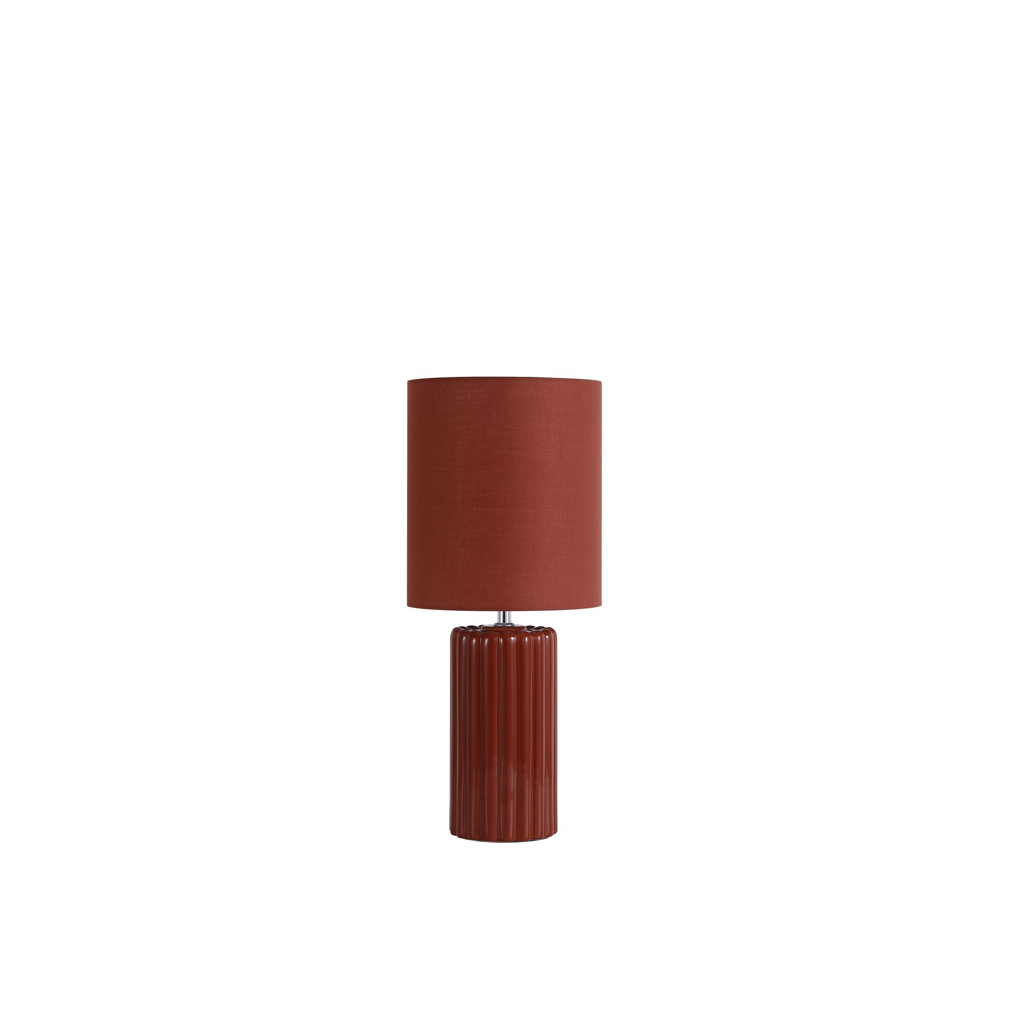 Searchlight Groove burnt orange table lamp on a plain white background, shade unlit, showing the fluted ceramic base