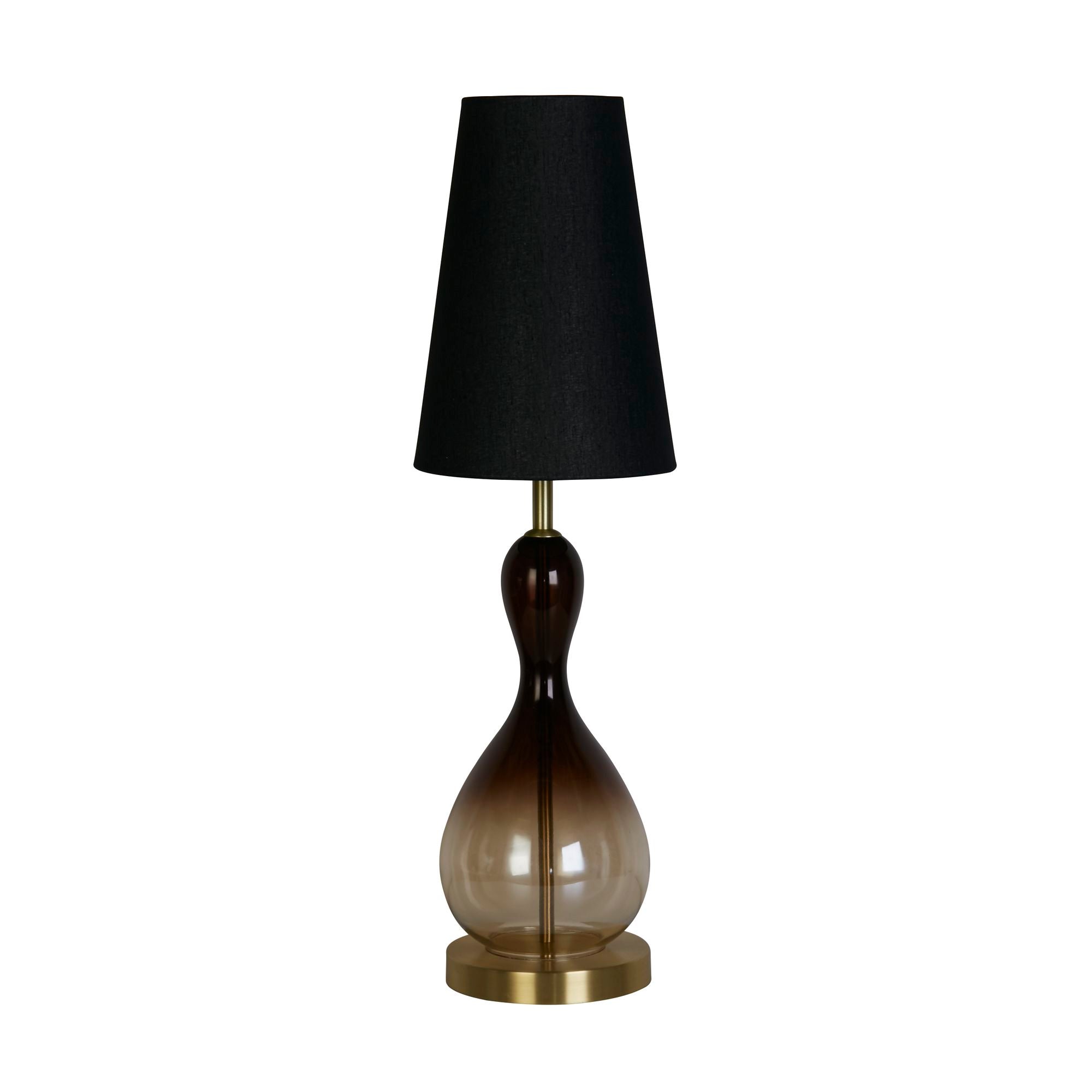 Searchlight Marakesh table lamp, front view showing the satin brass plinth base and black ombre glass body beneath the linen shade