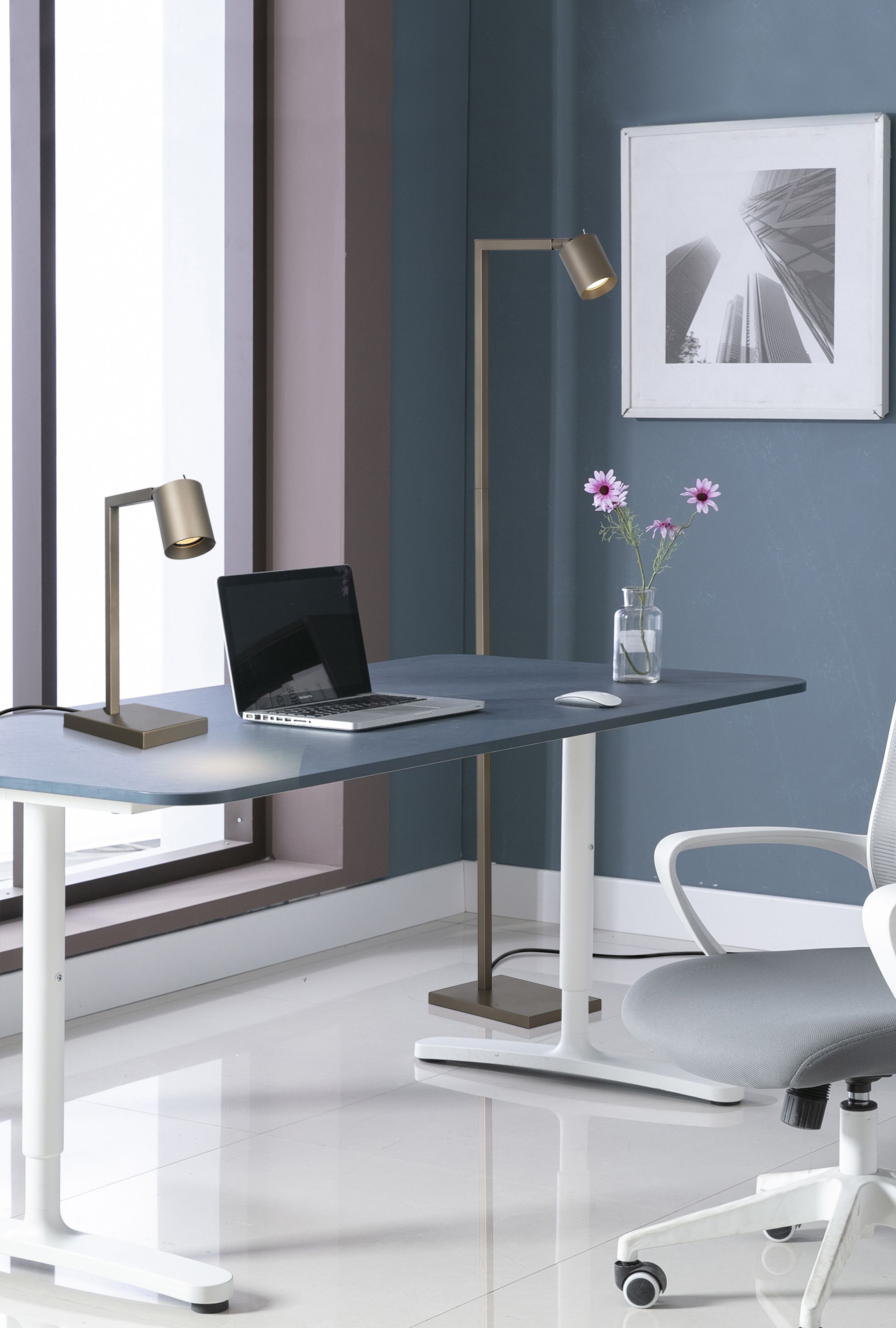 Latte metal Office table lamp and matching floor lamp styled in a home office with a desk, laptop and chair