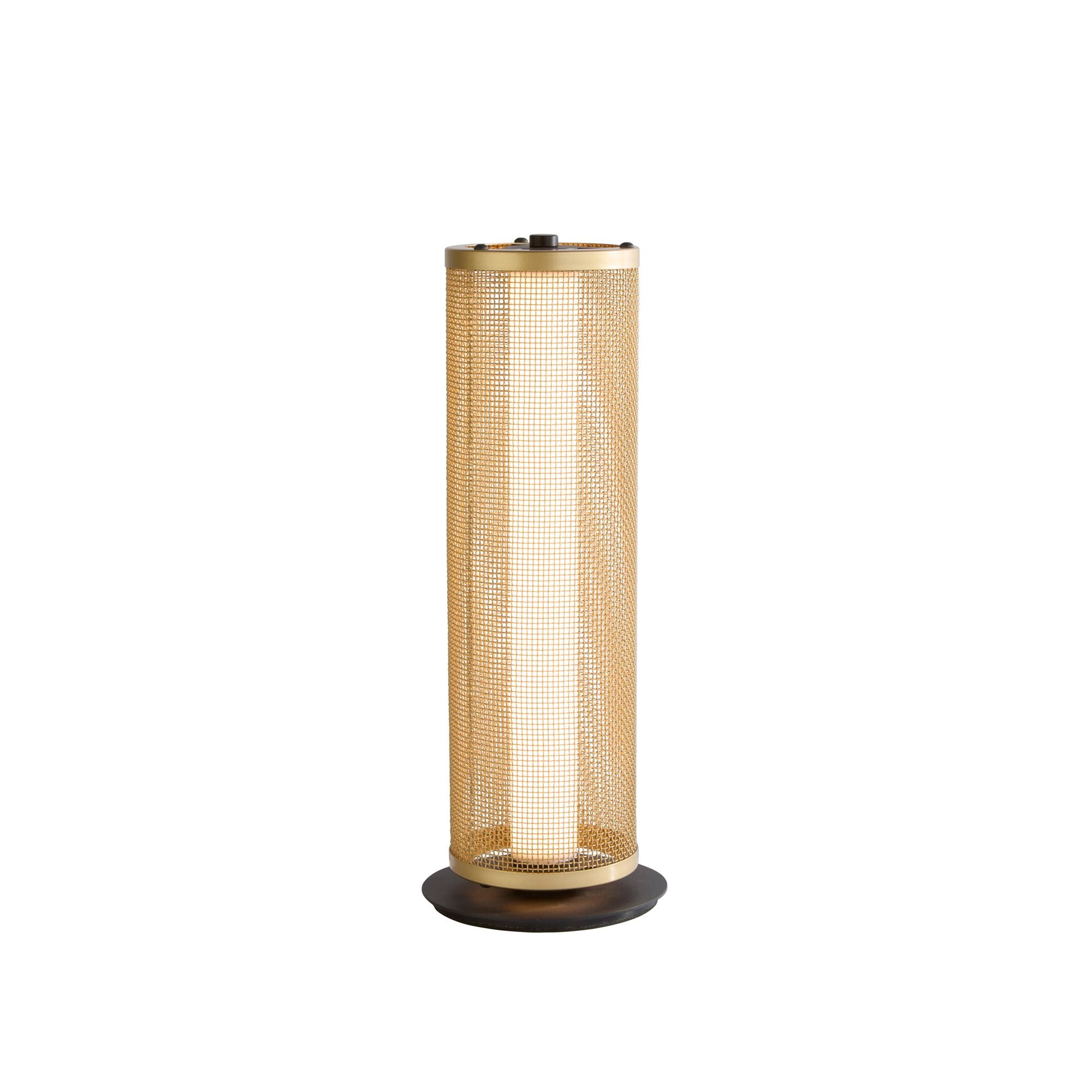 Searchlight Thread LED table lamp in gold mesh and matt black, front view, shade lit warm white