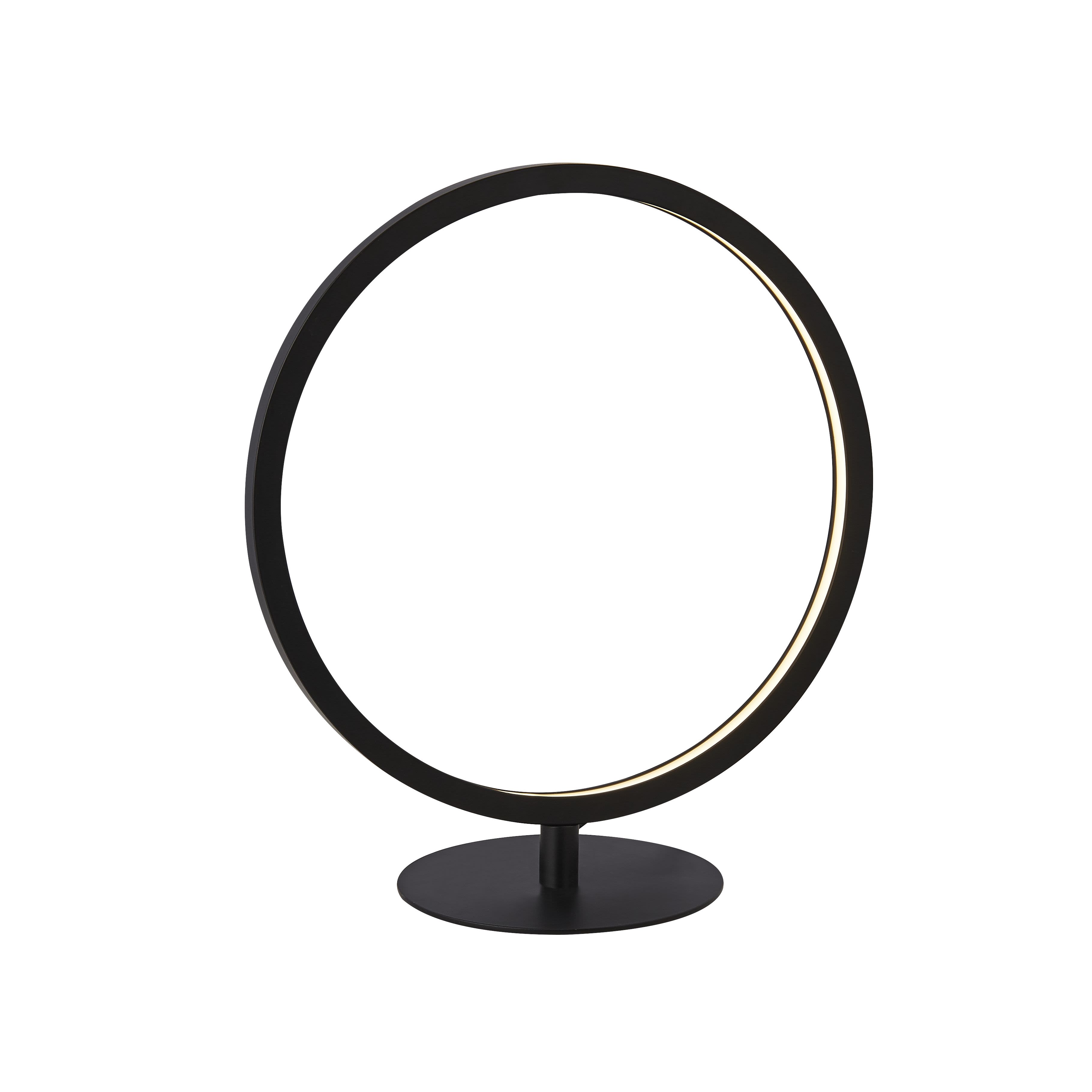 Searchlight Cirque ring table lamp in black, front view of the circular ring on a round weighted base with the light off