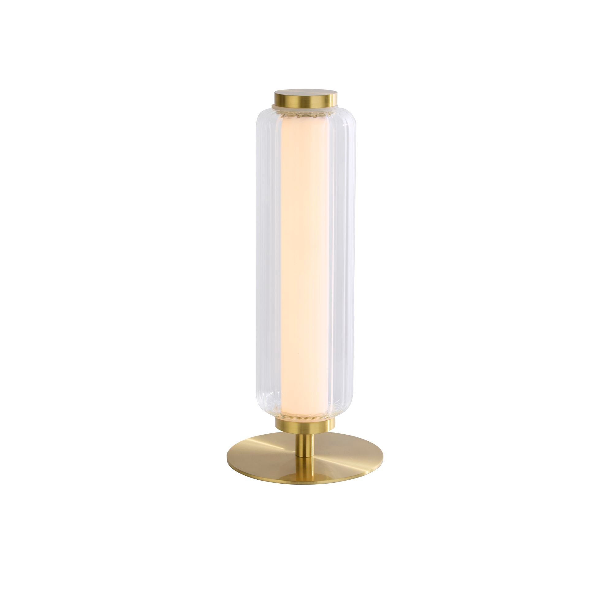 Searchlight Mod LED Table Lamp in satin brass, straight on studio shot of the ribbed glass column on a disc base