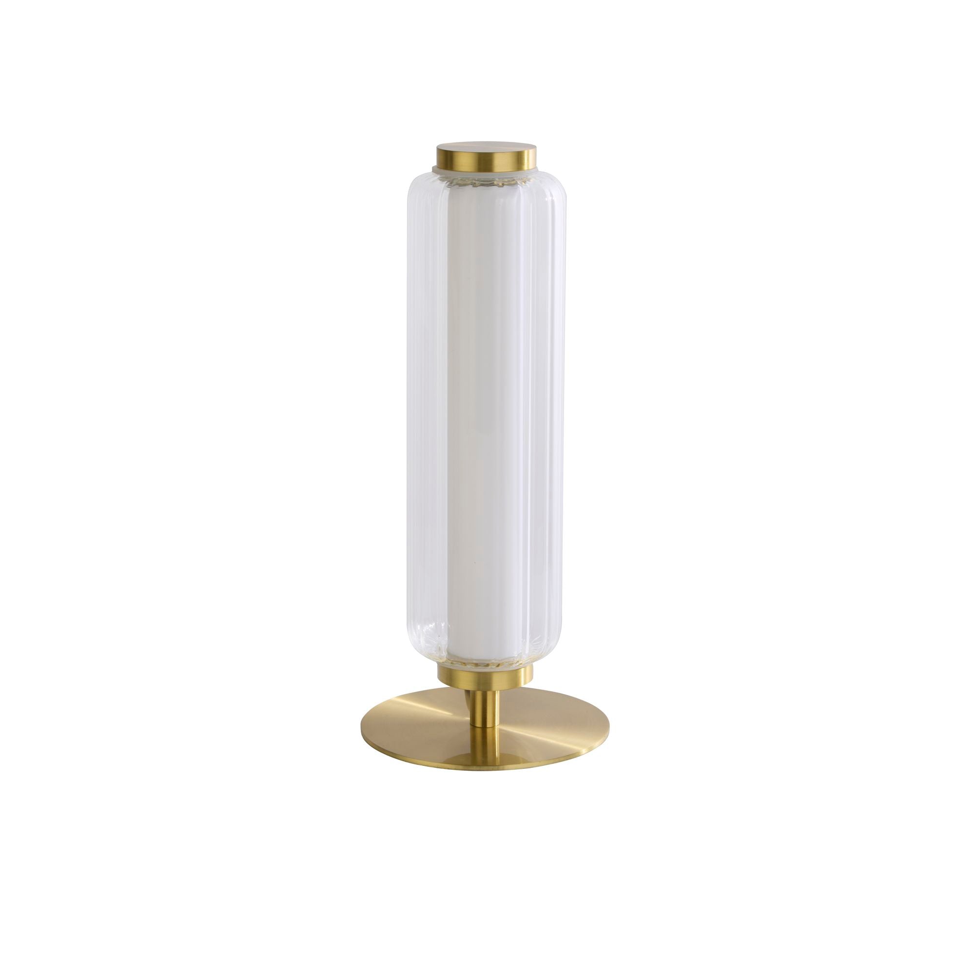 Searchlight Mod LED Table Lamp in satin brass, slightly turned studio shot of the ribbed glass column lit on its brass base