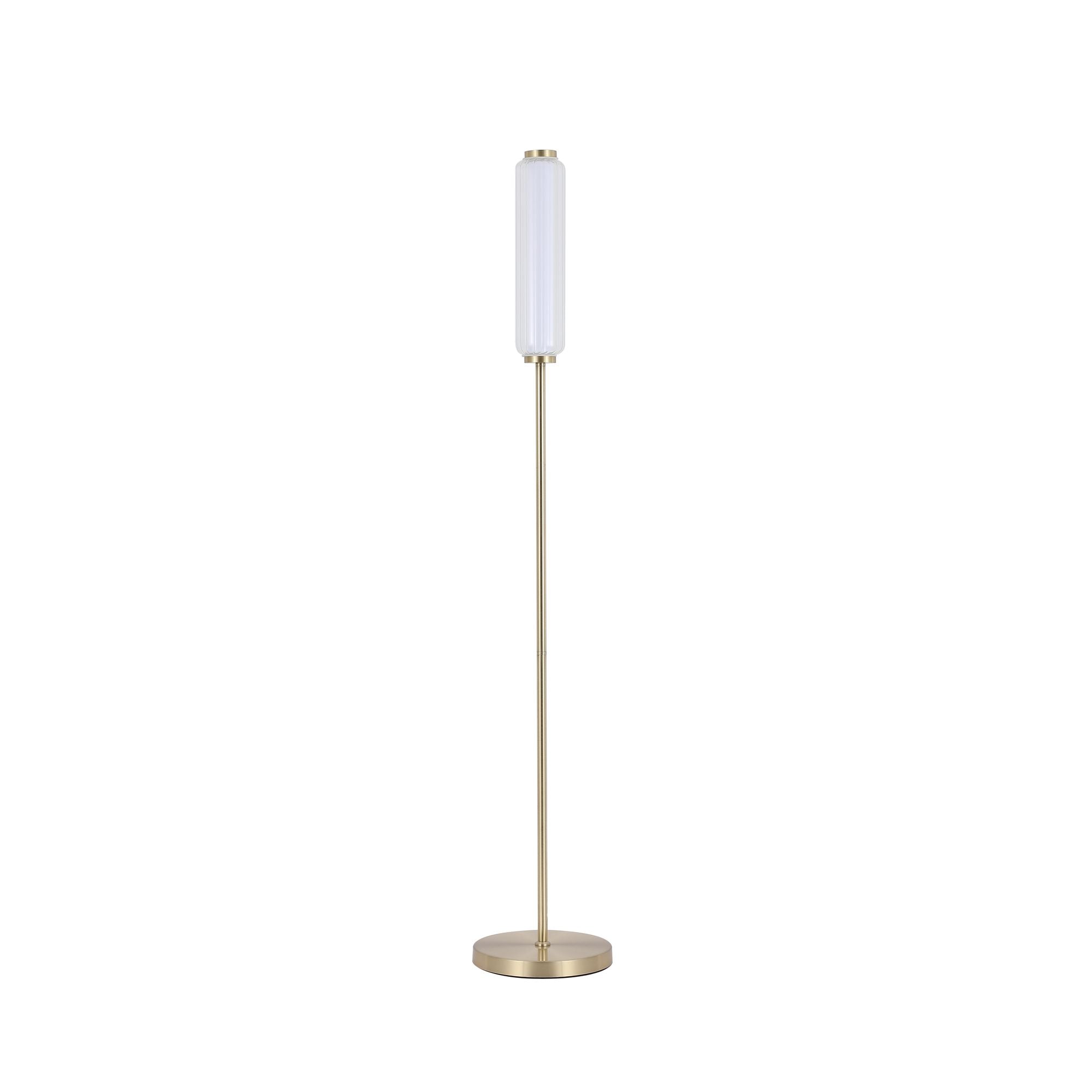 Searchlight Mod LED Floor Lamp in satin brass, full length studio shot from a slightly different angle showing the stem and base
