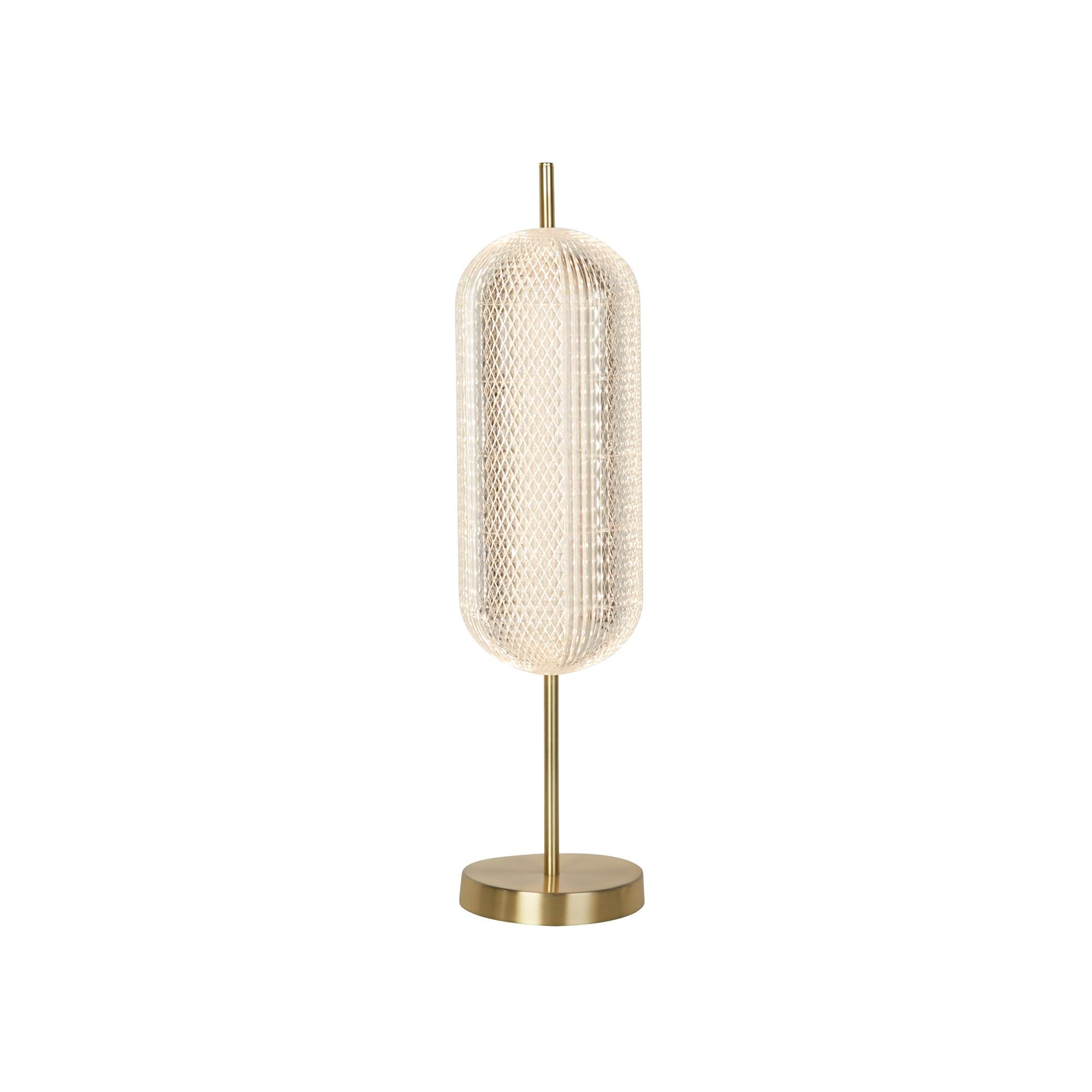 Searchlight Capsule LED table lamp in satin brass, studio shot showing the full lamp with its slim brass stem, round base and capsule shaped lattice shade