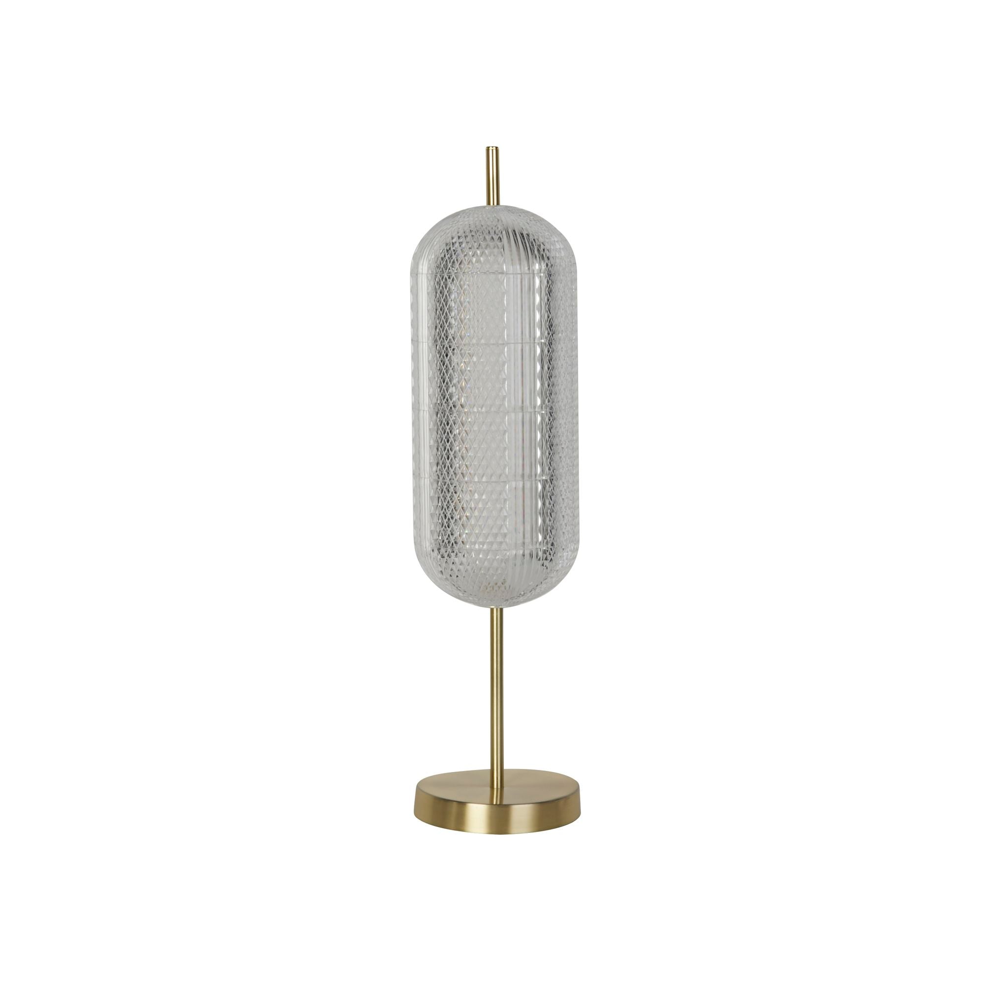 Searchlight Capsule LED table lamp shown with a smoke tinted shade in a grey tone rather than the warm amber tone of the satin brass version, studio shot on white