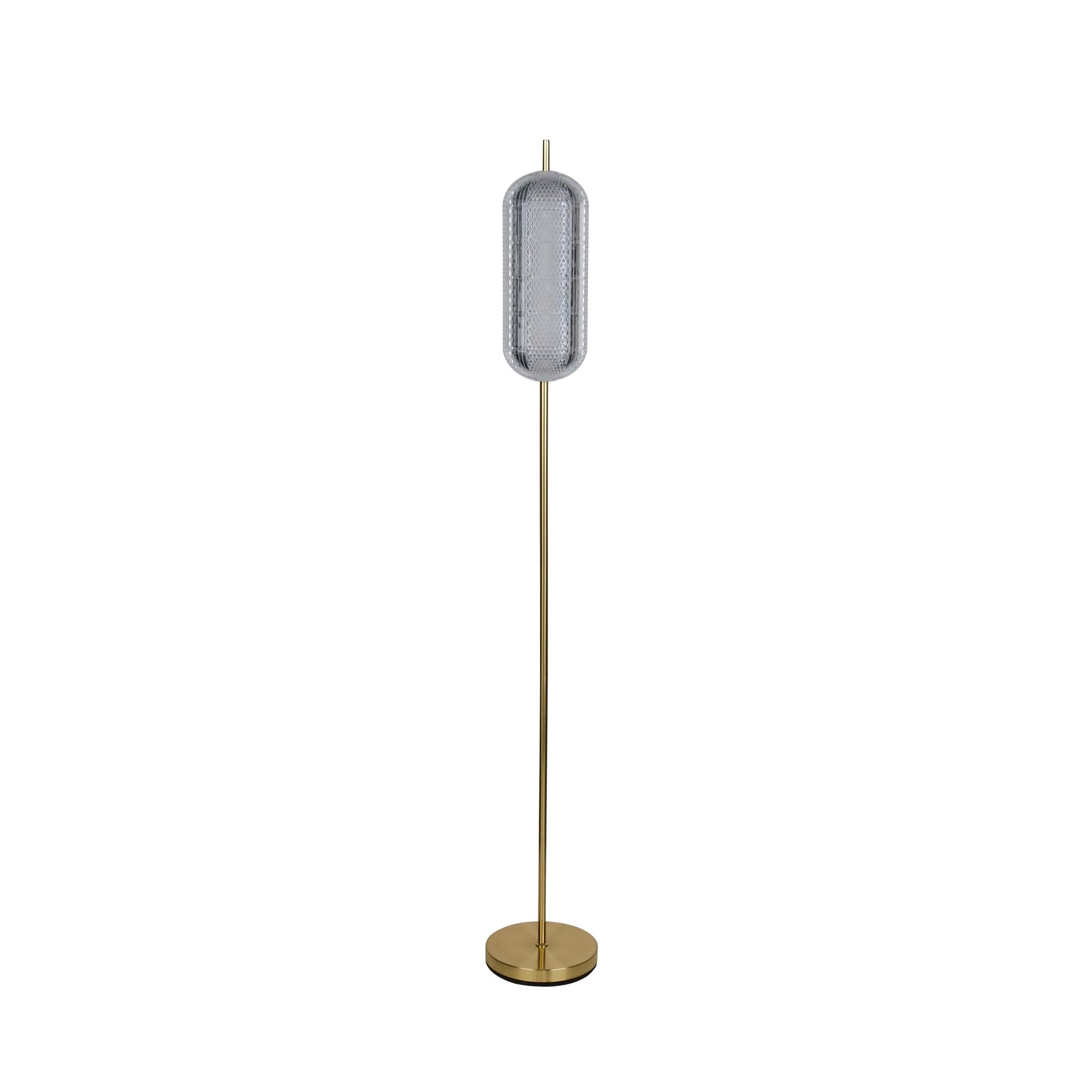 Searchlight Capsule LED floor lamp shown with a smoke tinted shade in a grey tone rather than the warm amber tone of the satin brass version, studio shot on white