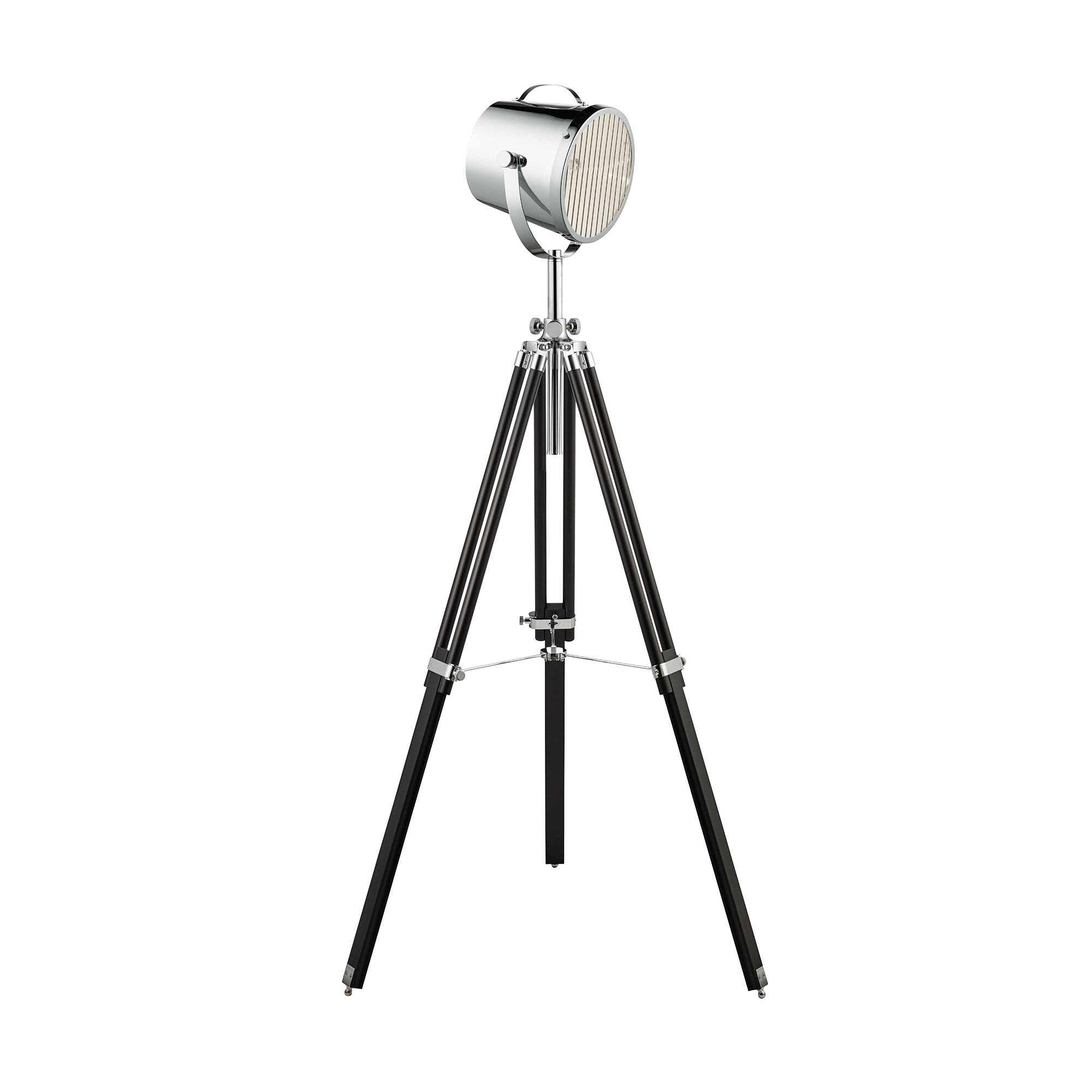 Searchlight Studio Adjustable Floor Lamp with a chrome drum shade on a black wood tripod base - view 2