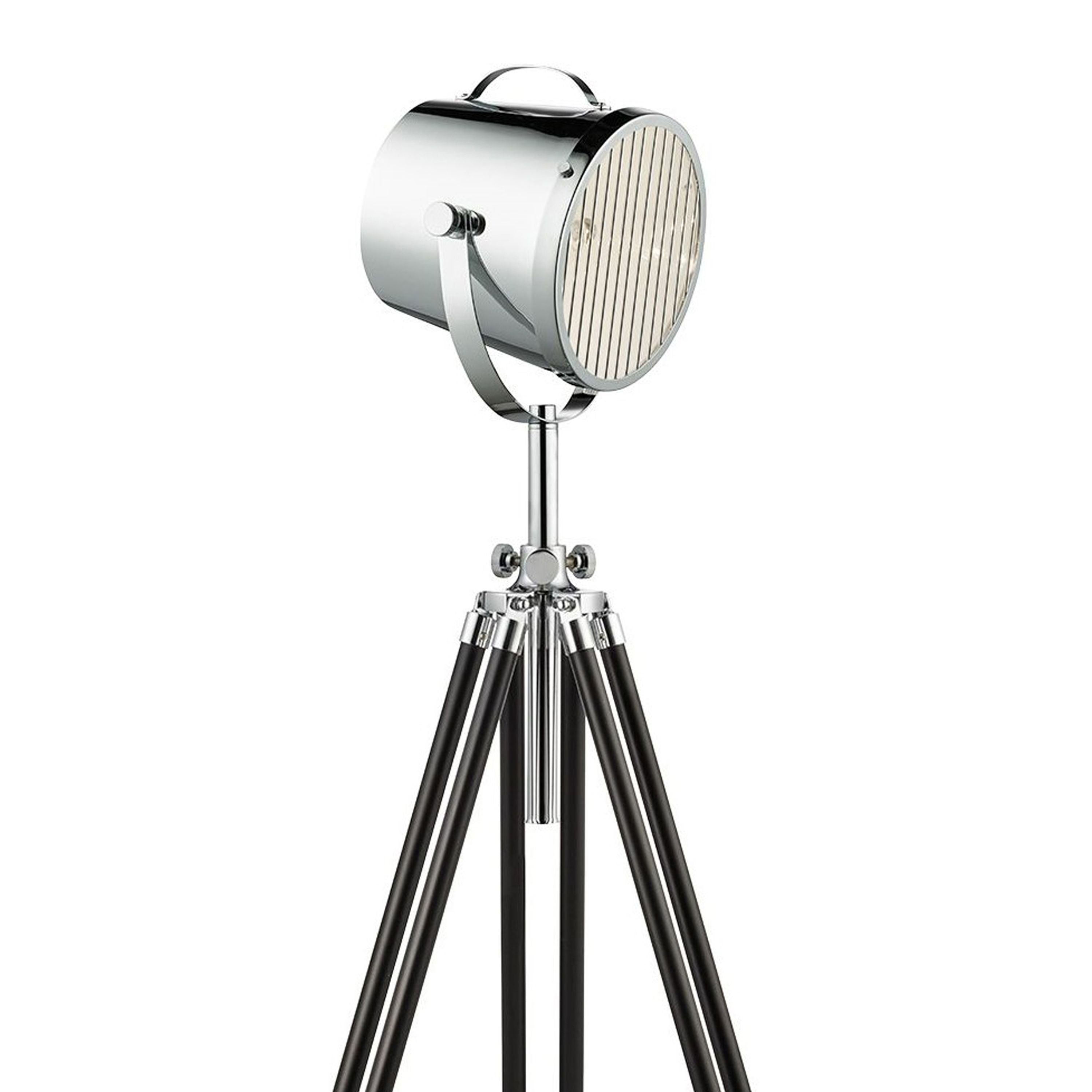 Close up of the chrome drum shade on the Searchlight Studio Adjustable Floor Lamp, showing the carry handle and ribbed lens