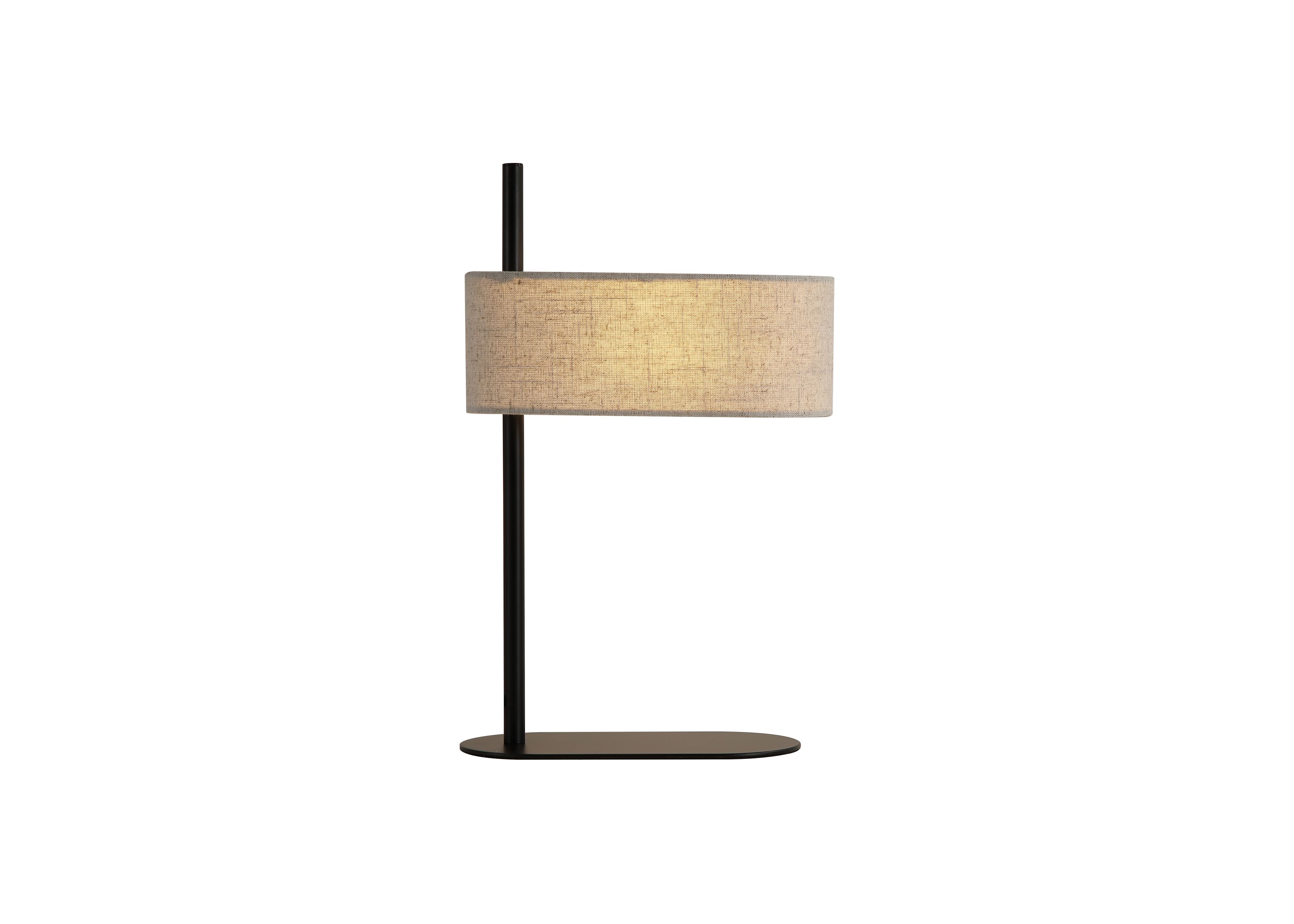 Searchlight Hessian table lamp with black metal stem and oval natural linen shade, lit and shown from the front against a white background