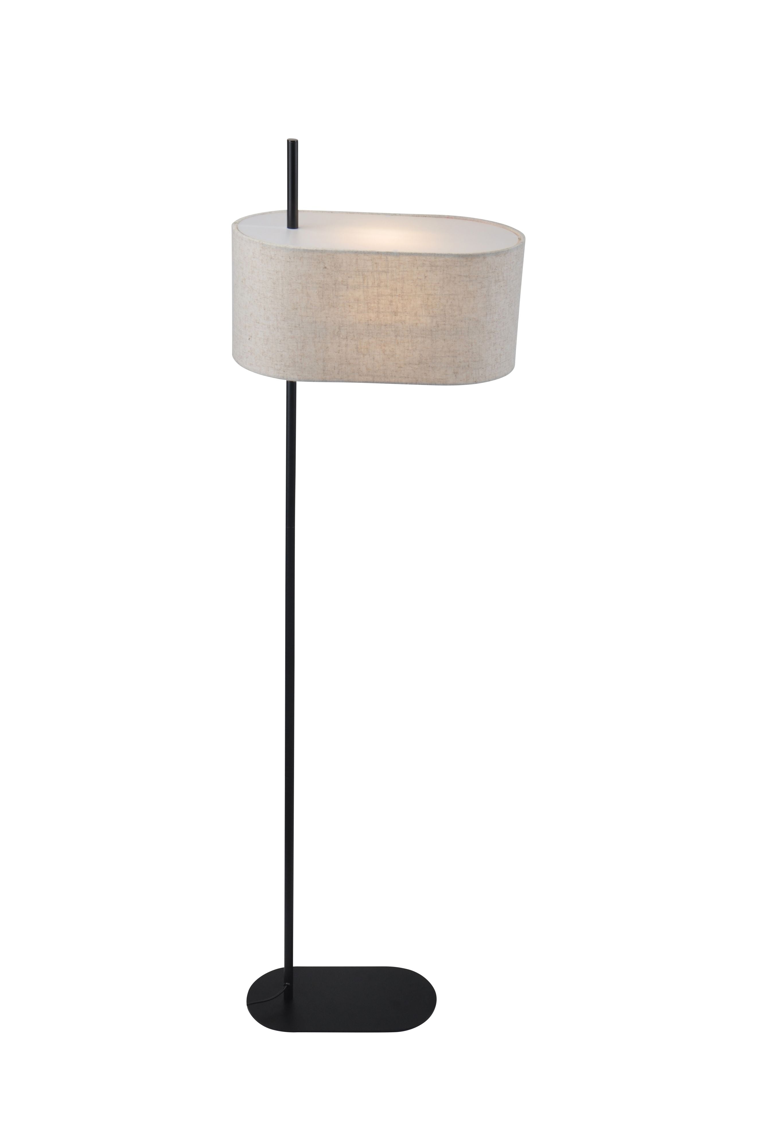 Searchlight Hessian floor lamp with black metal stem and offset oval natural linen shade, lit and shown from the front against a white background