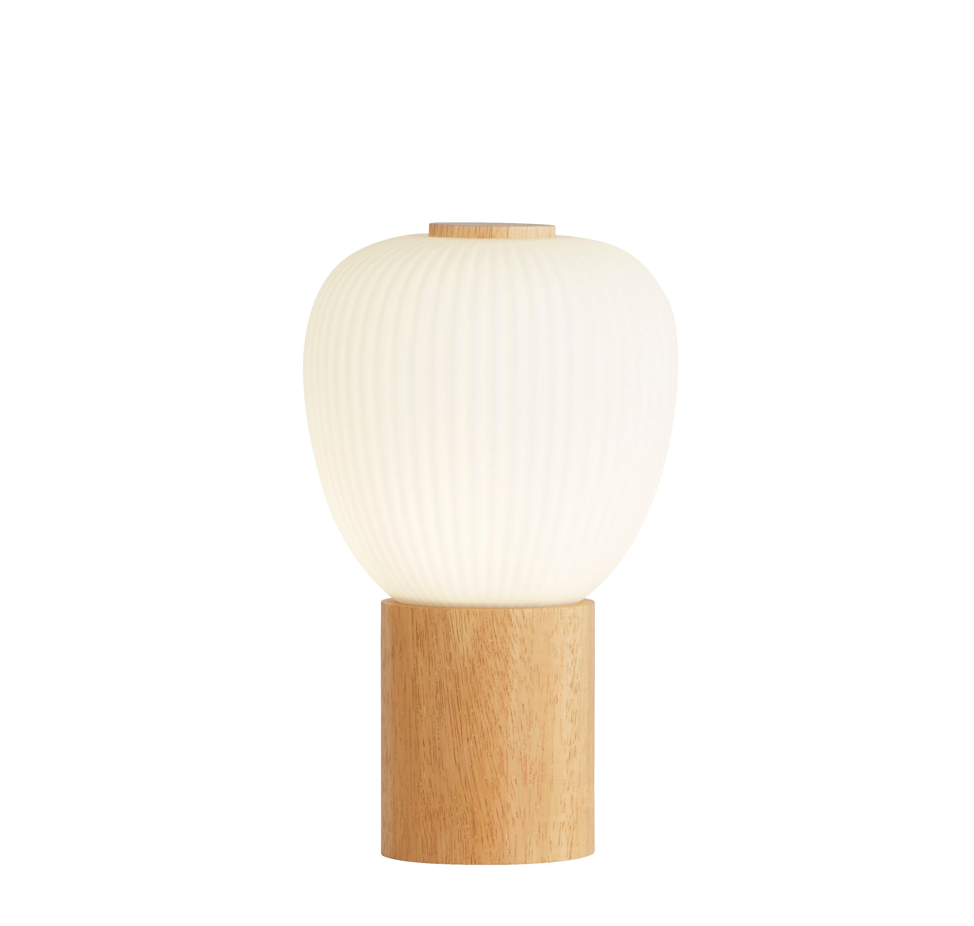 Searchlight Ella table lamp in beech wood and ribbed opal glass, plain studio shot lit up against a white background