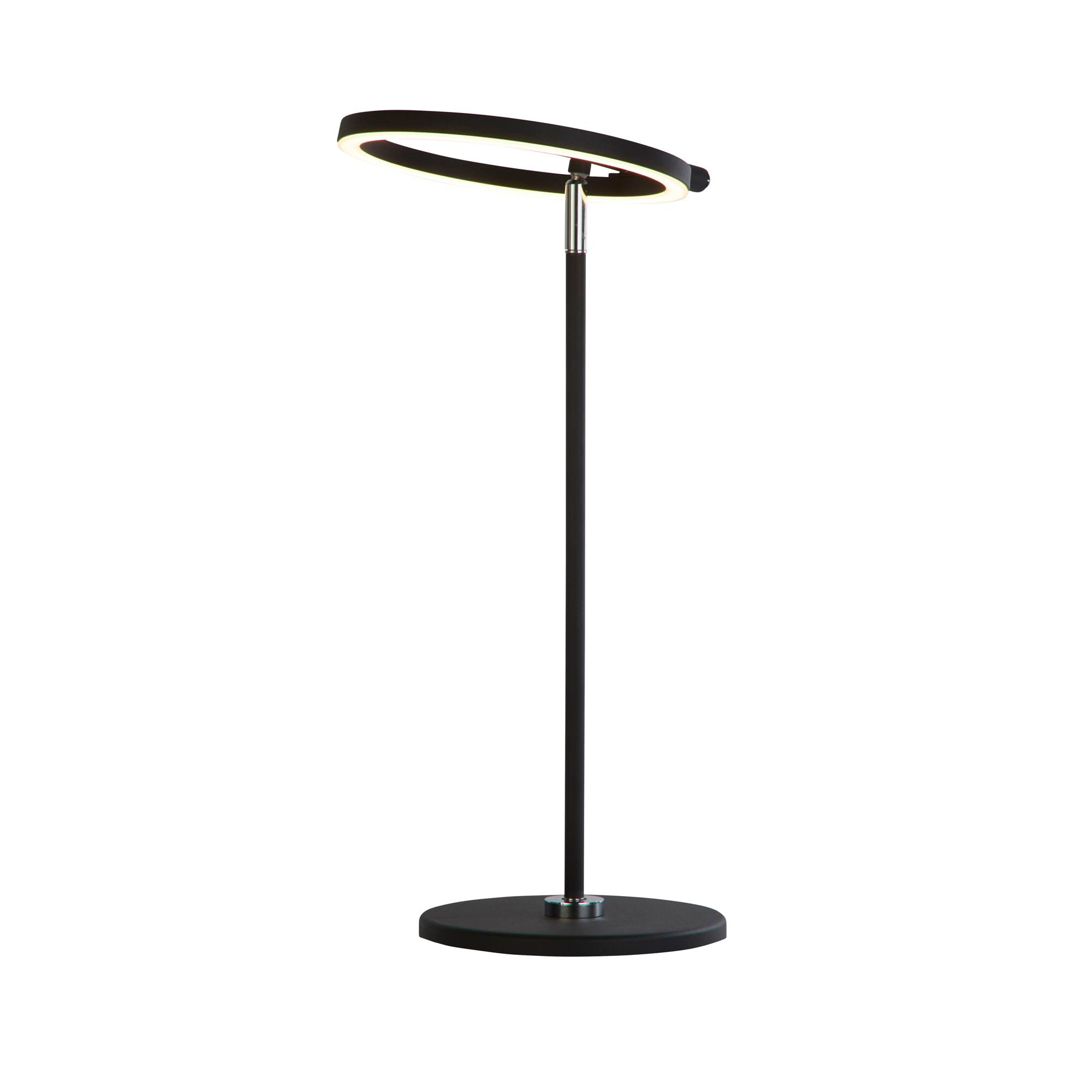 Searchlight Space LED table lamp in black, studio shot showing the ring shaped head tilted on its slender stem and circular base
